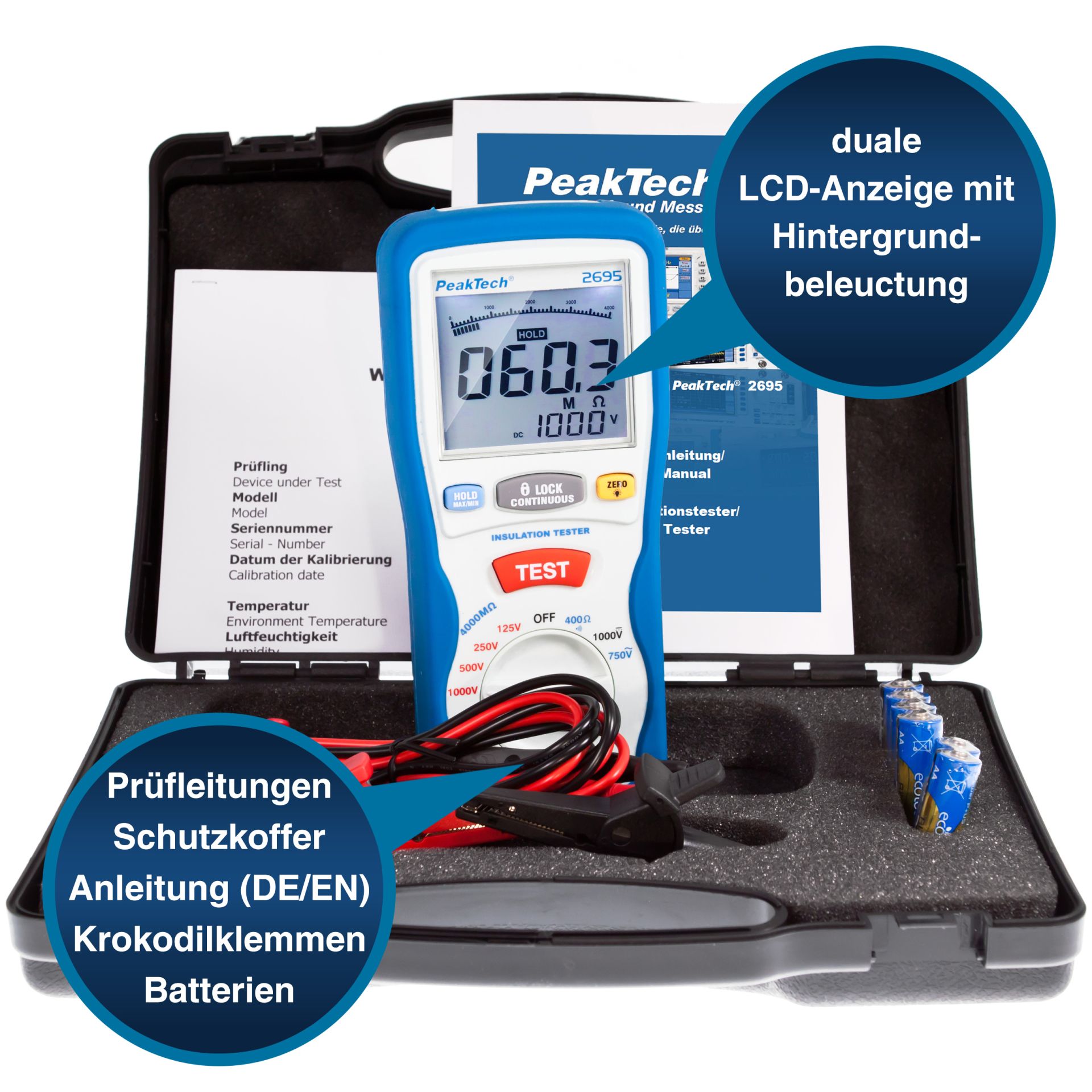PeakTech P 2695 Isolationsmessgerät 125/250/500/1000 V/4000 MΩ 