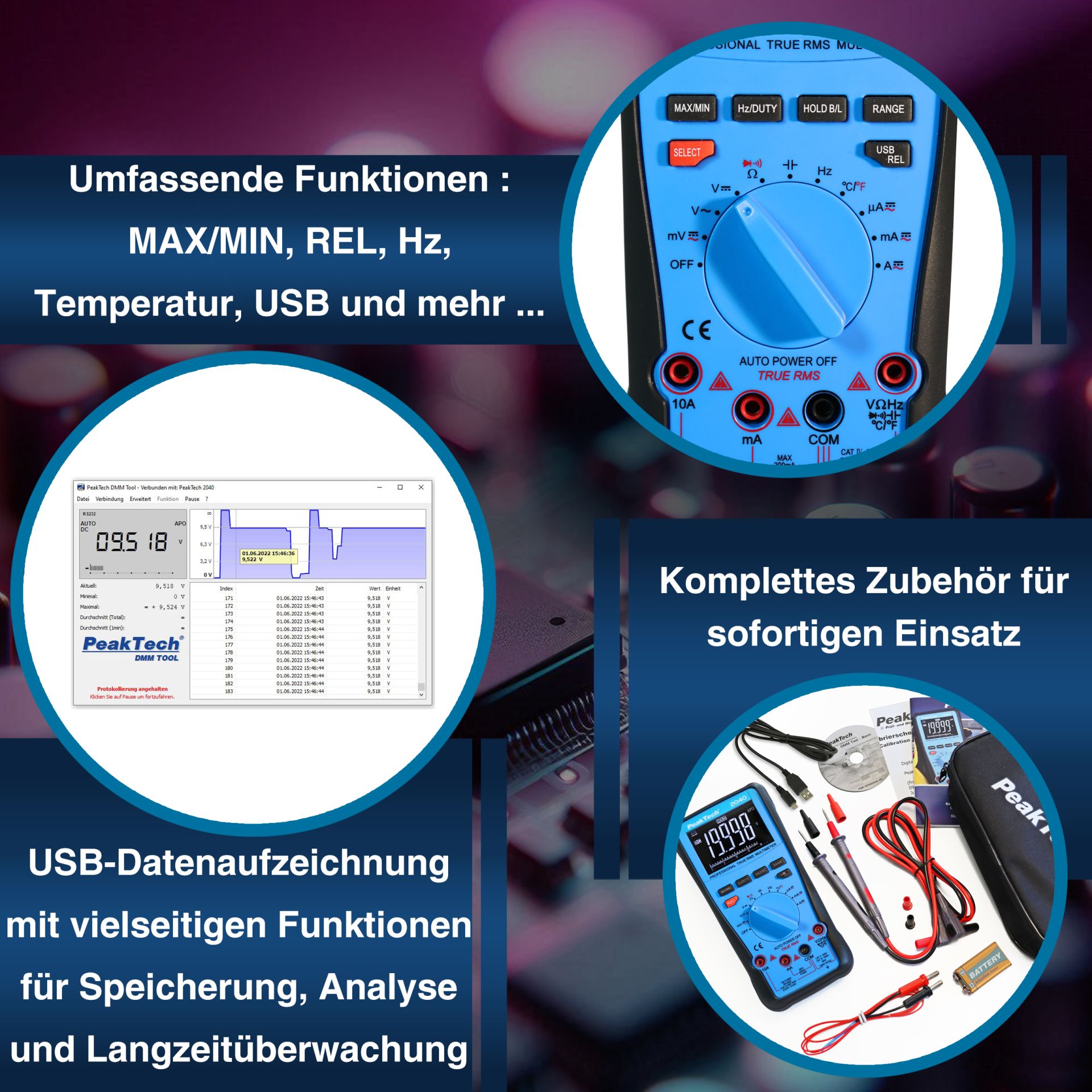 PeakTech P 2040 True RMS 1000V Digitalmultimeter 20000 Counts, USB 