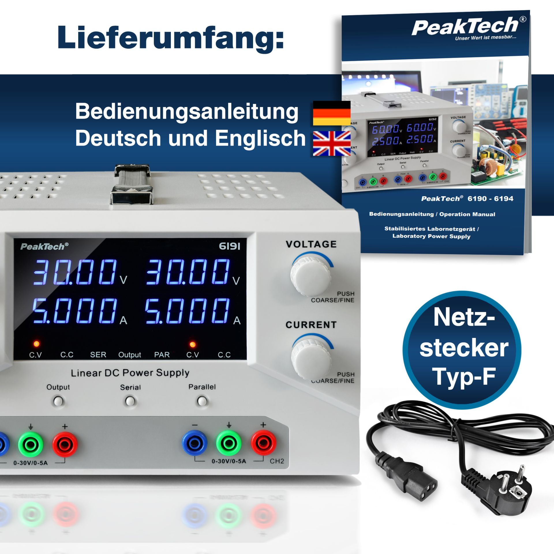 PeakTech P 6191 Digital Labornetzgerät 2x 0-30 V / 0-5 A DC 