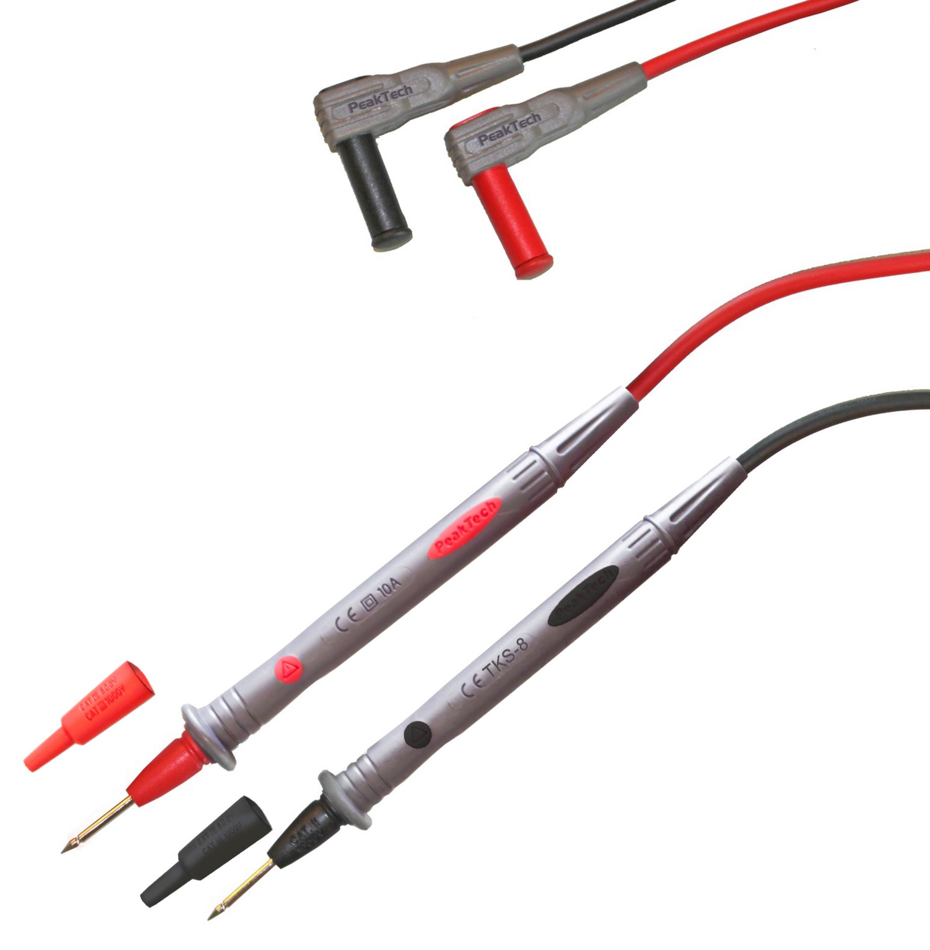 PeakTech® TKS-8 Prüfleitungen mit 2 mm Prüfspitze und Schutzkappen