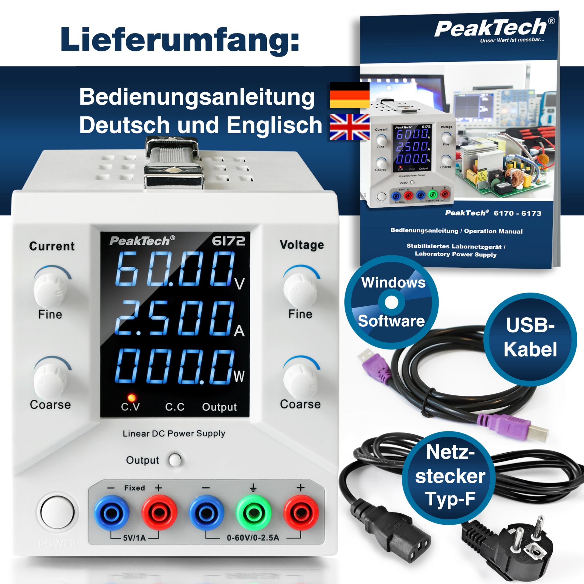 PeakTech P 6172 Digital Labornetzgerät 0-60 V / 0-2,5 A DC & USB 