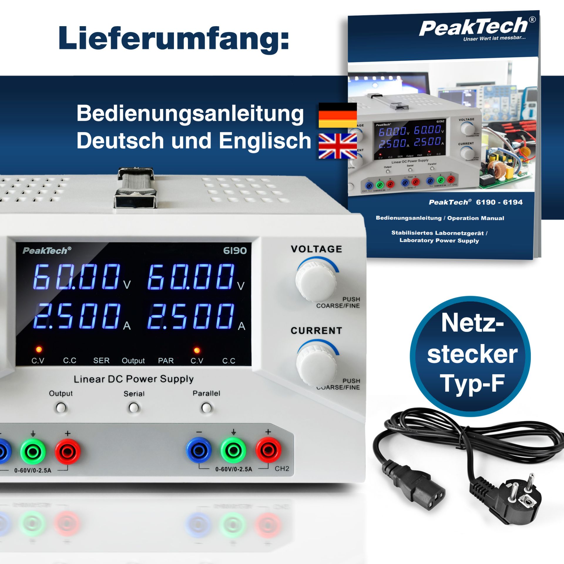 PeakTech P 6190 Digital Labornetzgerät 2x 0-60 V / 0-2,5 A DC 