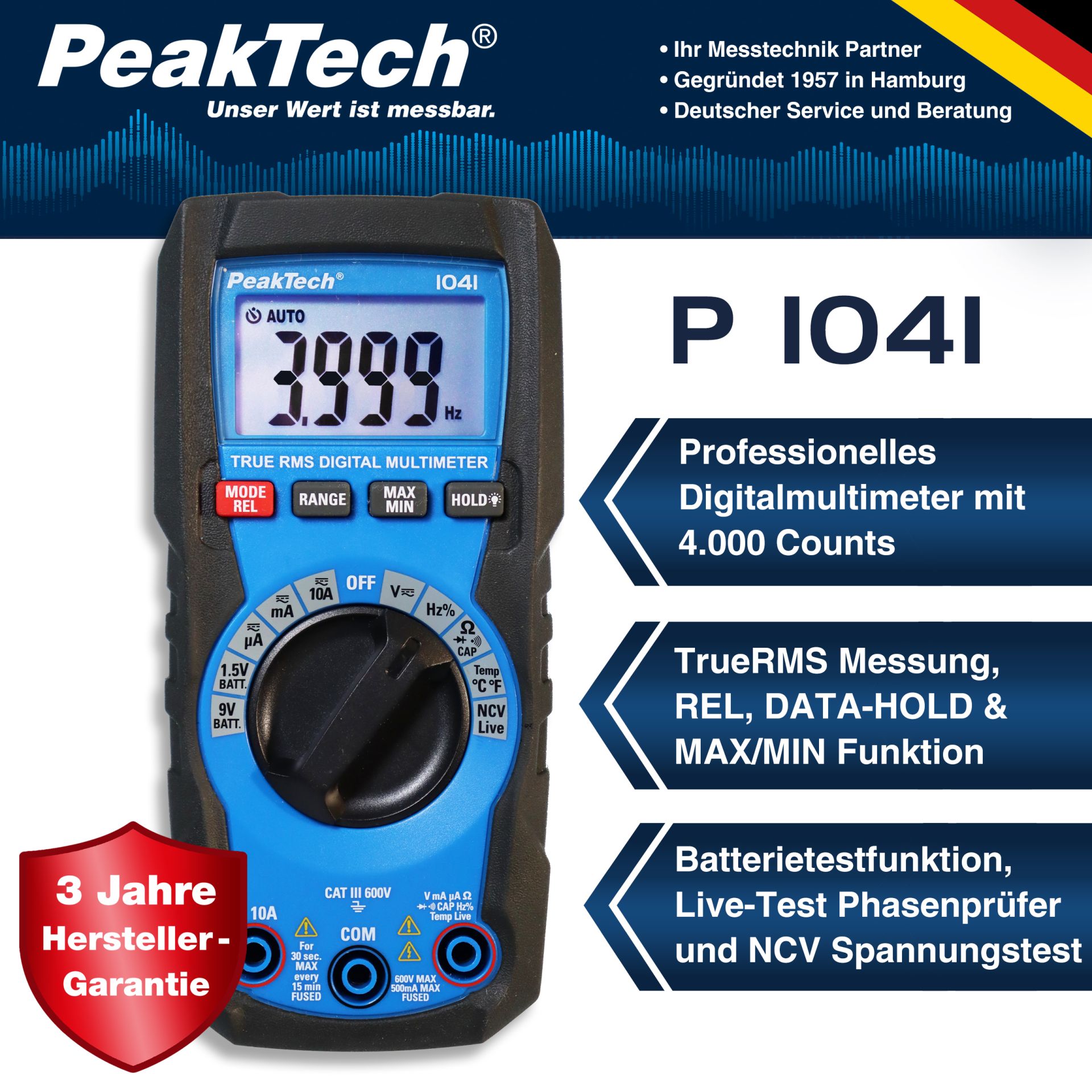 PeakTech P 1041 TrueRMS Digitalmultimeter 4000 Counts, Auto. Range 