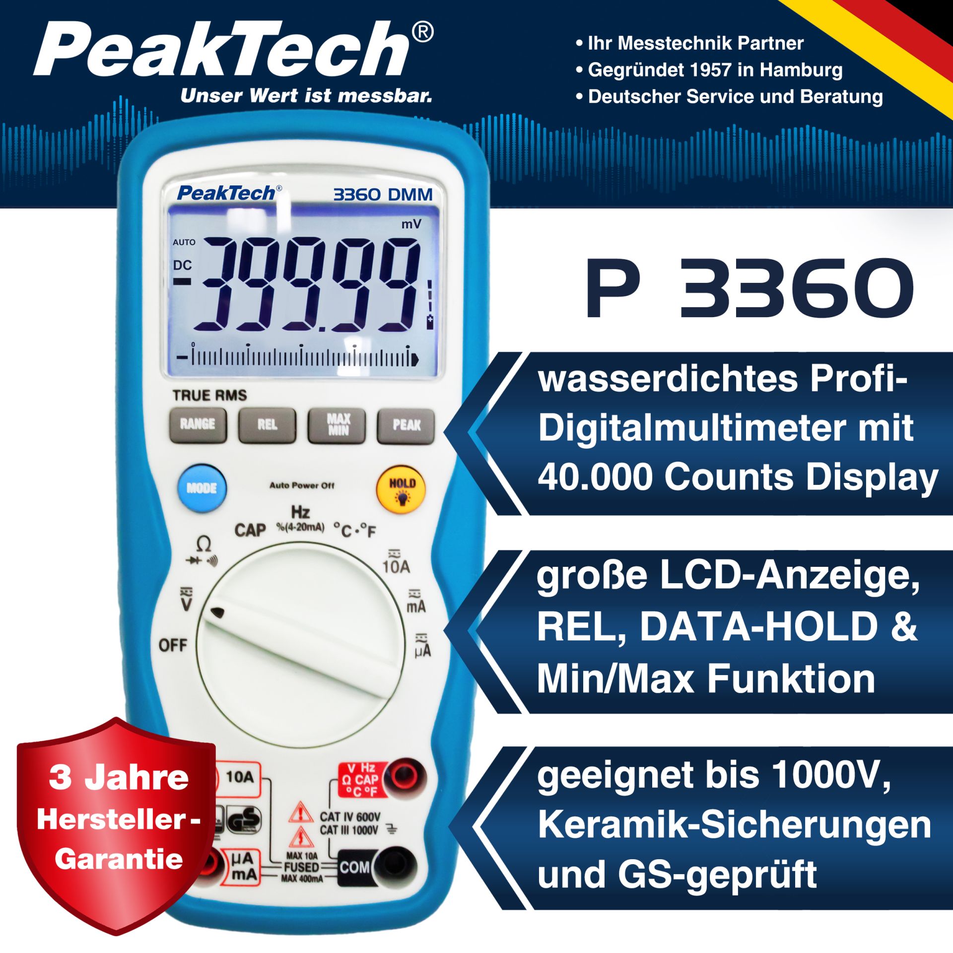 PeakTech P 3360 Digitalmultimeter, 40.000 Counts, IP67 mit TrueRMS 