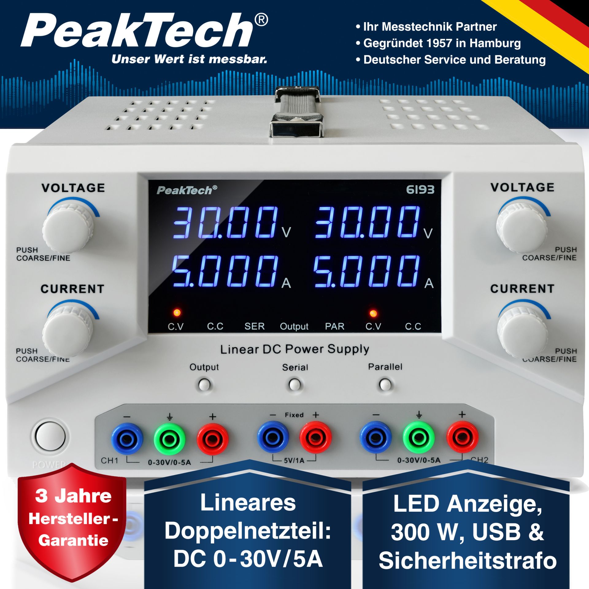 PeakTech P 6193 Digital Labornetzgerät 2x 0-30 V / 0-5 A DC & USB 