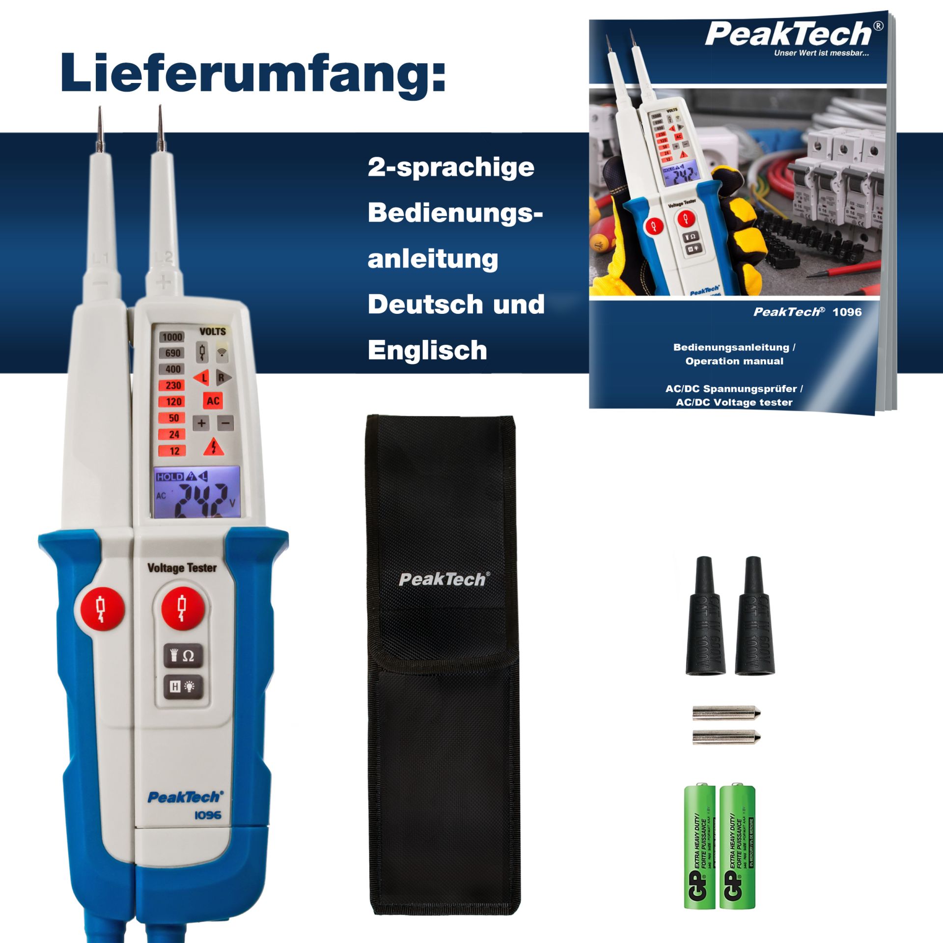 PeakTech P 1096 AC/DC-Spannungsprüfer mit FI-Test und Dual-Anzeige
