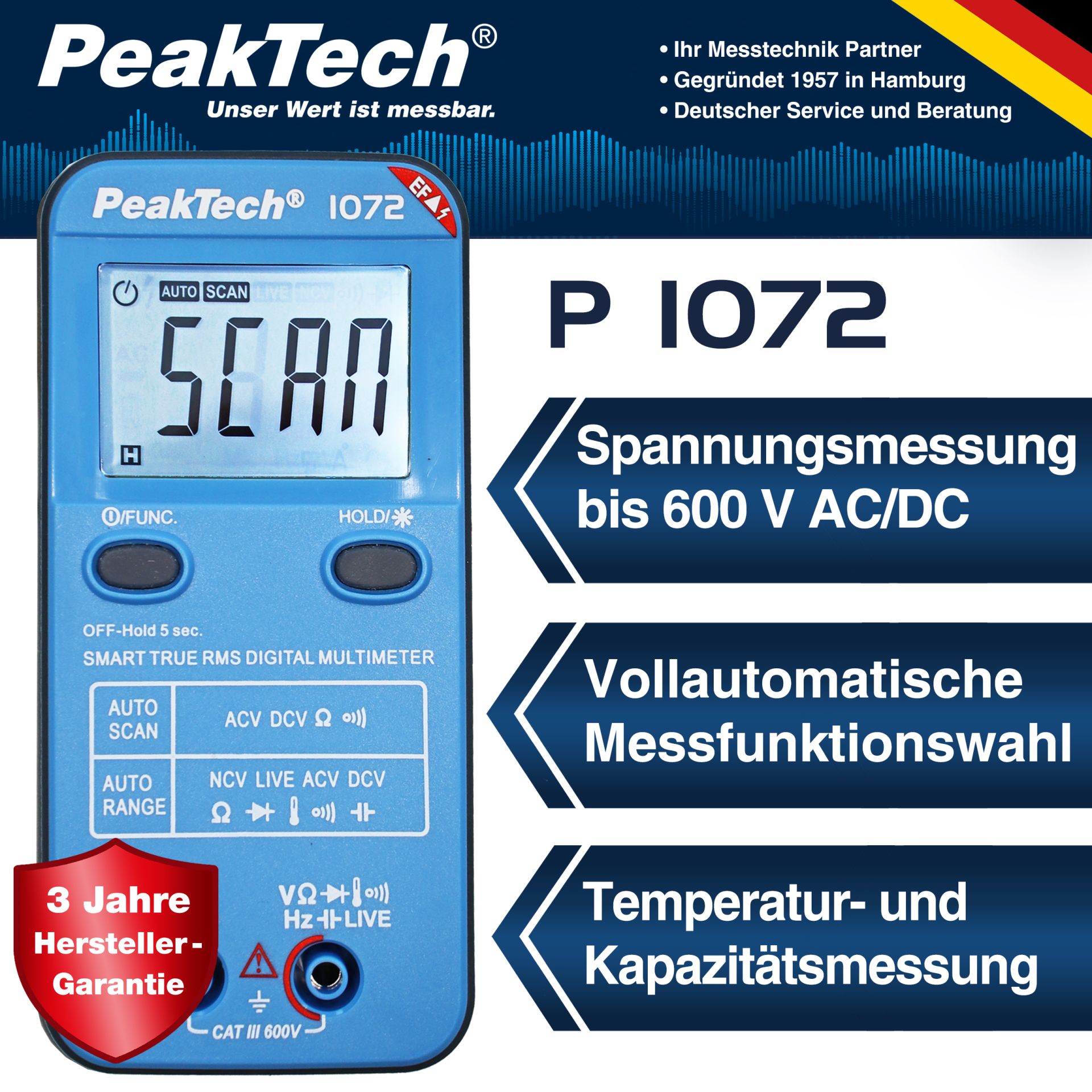 PeakTech P 1072 600V AC/DC Smart-Multimeter mit NCV und Live-Test 