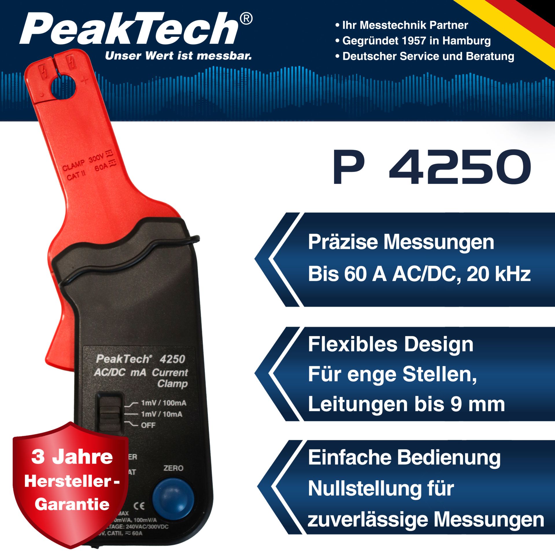 PeakTech P 4250 Stromzangenadapter 60A AC/DC mit 4mm Stecker 
