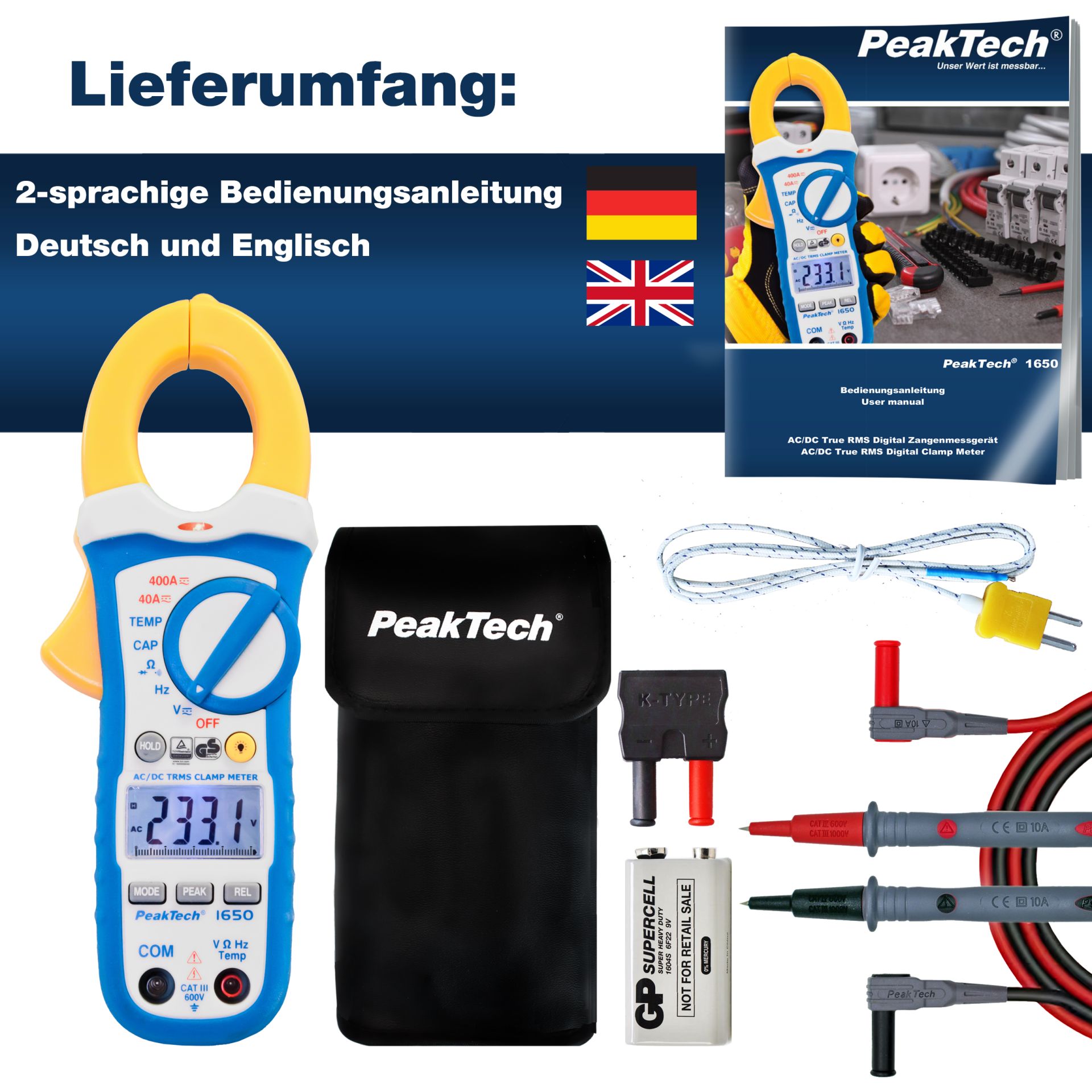 PeakTech P 1650 TrueRMS Stromzange 4.000 Counts 400 A AC/DC