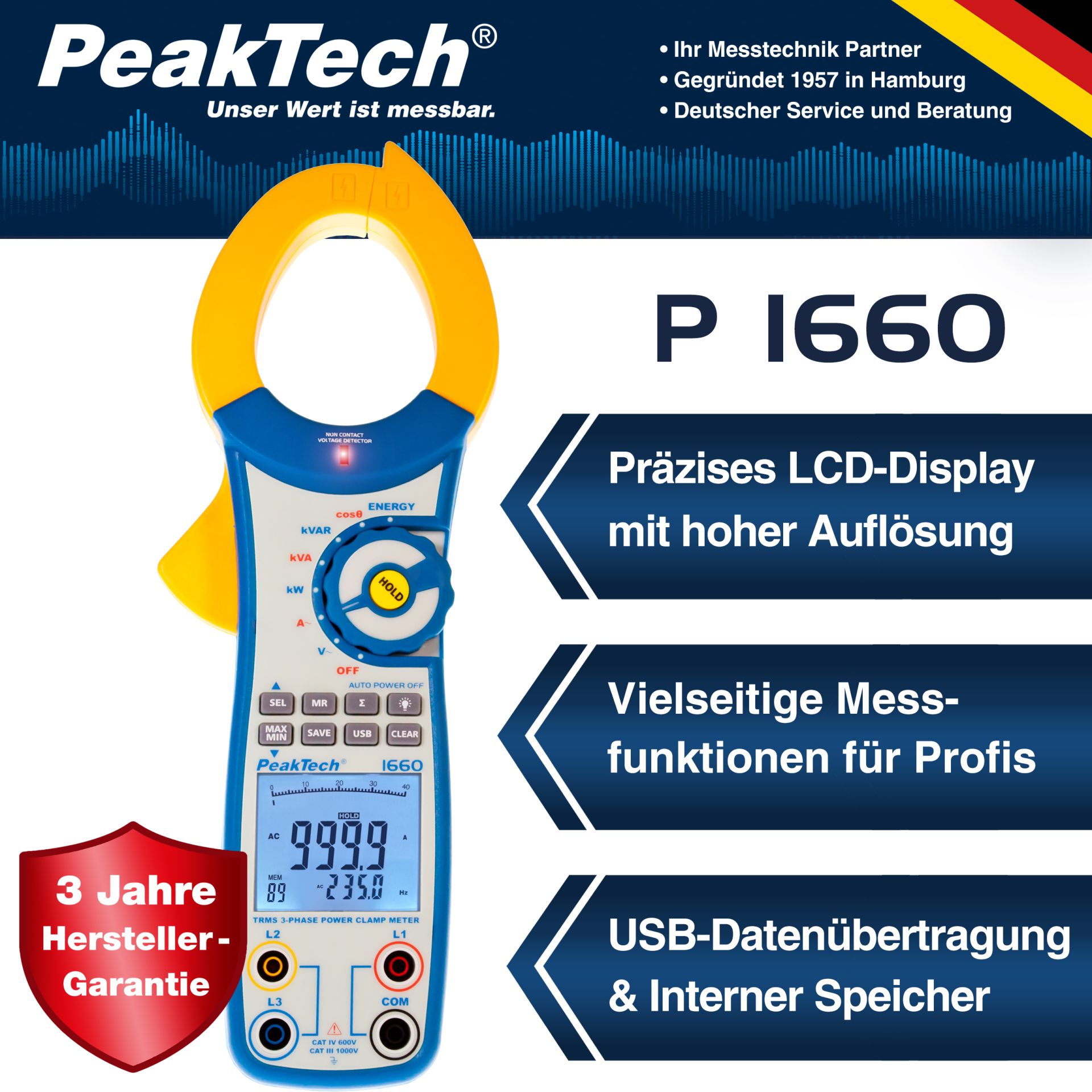 PeakTech P 1660 TrueRMS Leistungs-Stromzange 1000 A AC bis 750 kW