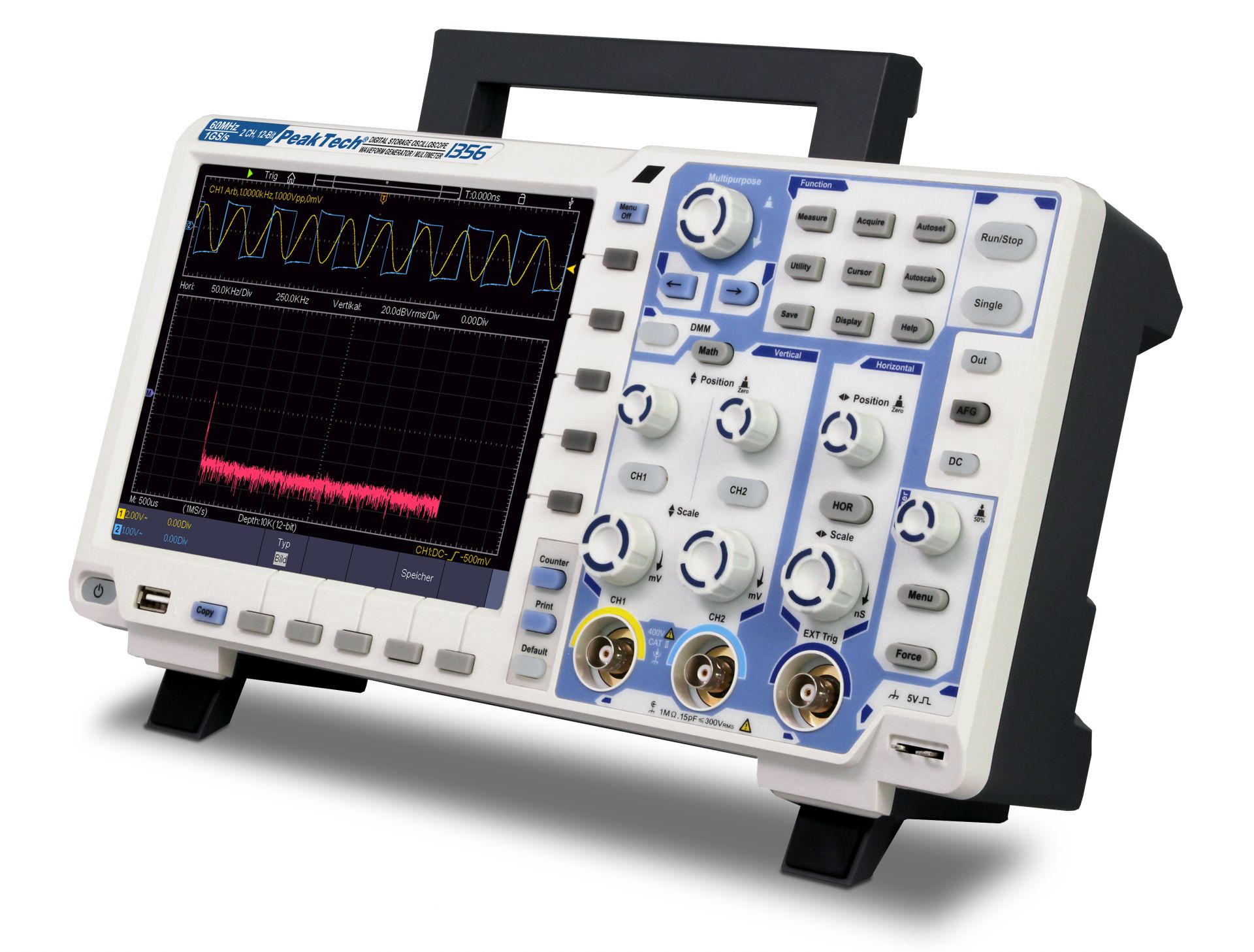 PeakTech P 1356 60 MHz / 2 CH, 1 GS/s Touchscreen-Oszilloskop