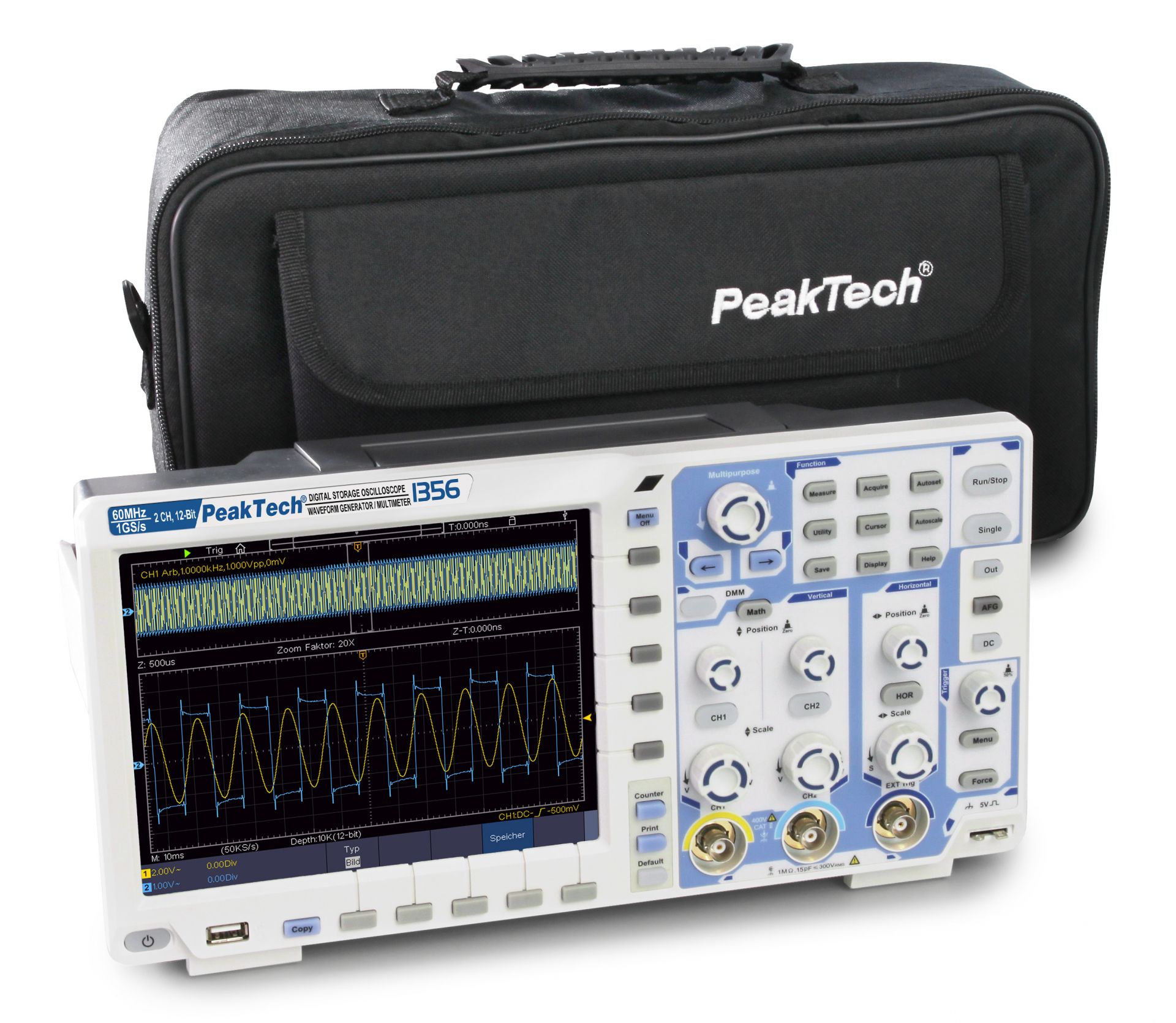 PeakTech P 1356 60 MHz / 2 CH, 1 GS/s Touchscreen-Oszilloskop