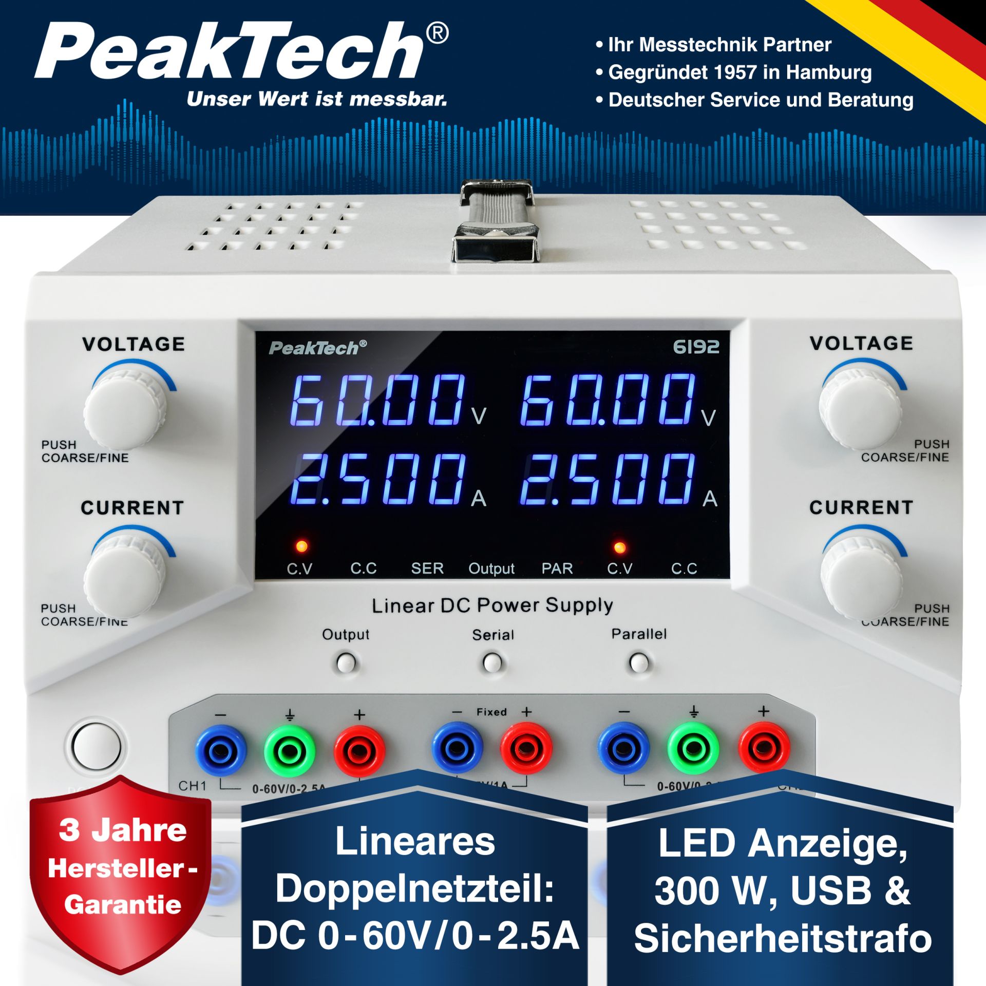 PeakTech P 6192 Digital Labornetzgerät 2x 0-60 V / 0-2,5 A DC & USB 