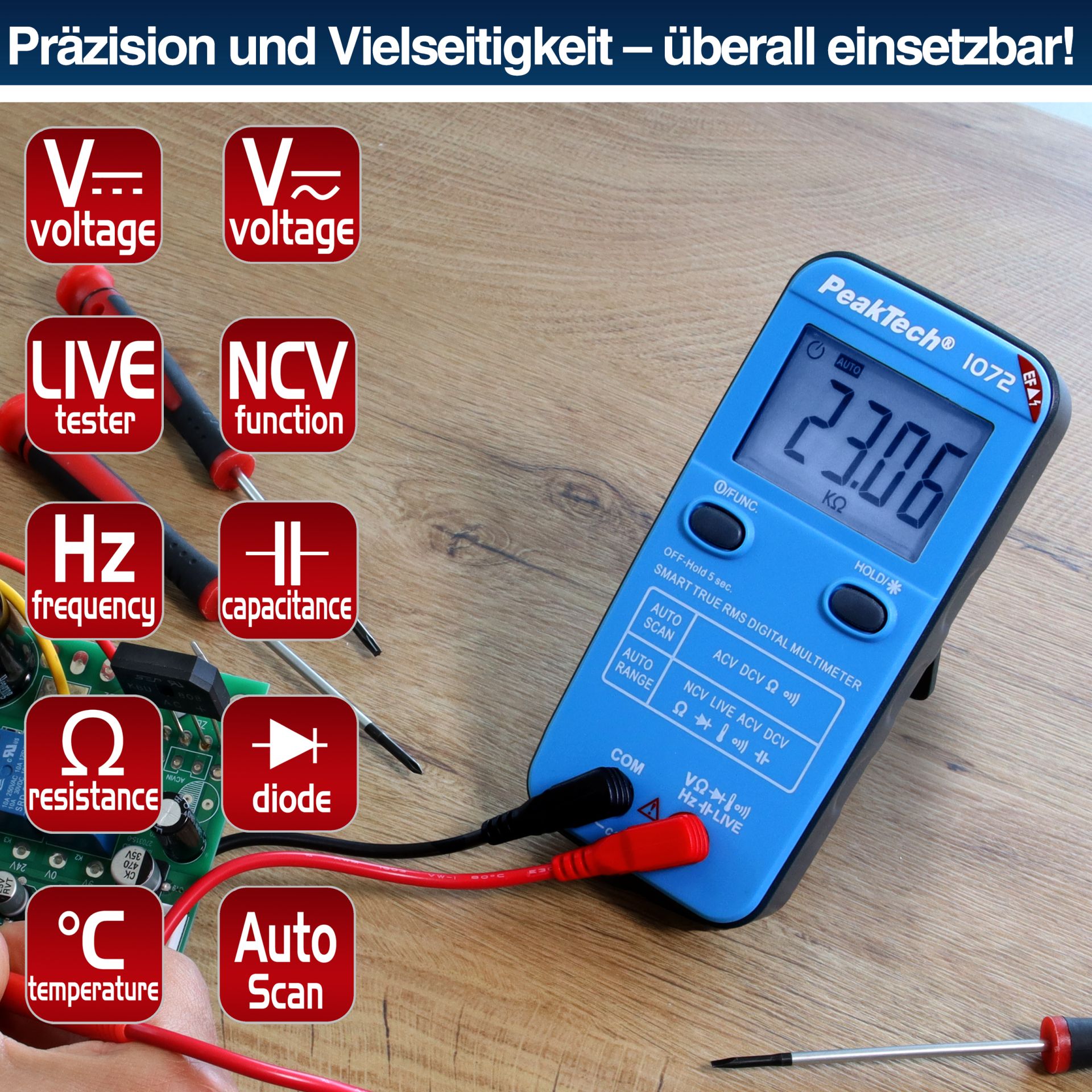 PeakTech P 1072 600V AC/DC Smart-Multimeter mit NCV und Live-Test 