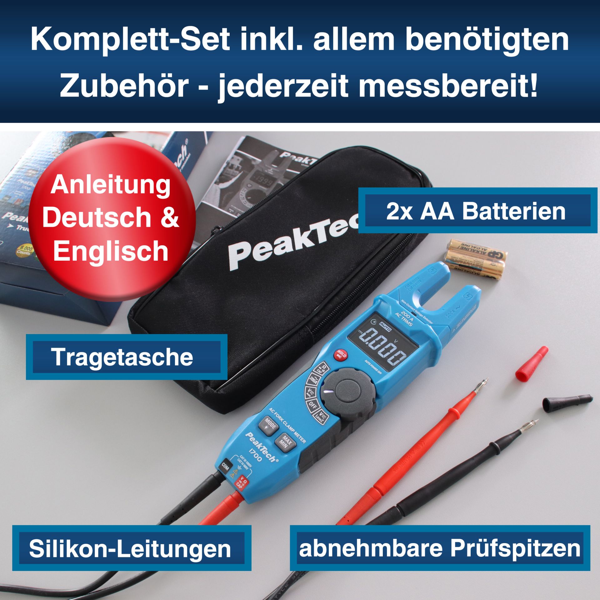 PeakTech® P 1700» TRMS Gabelstromzange, 6.000 Counts, 200A AC, 1000V