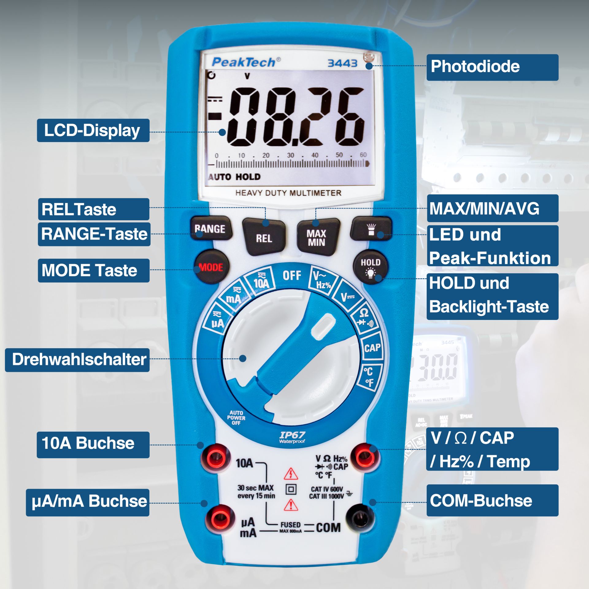 PeakTech P 3443 Digitalmultimeter 6.000 Counts, IP67 