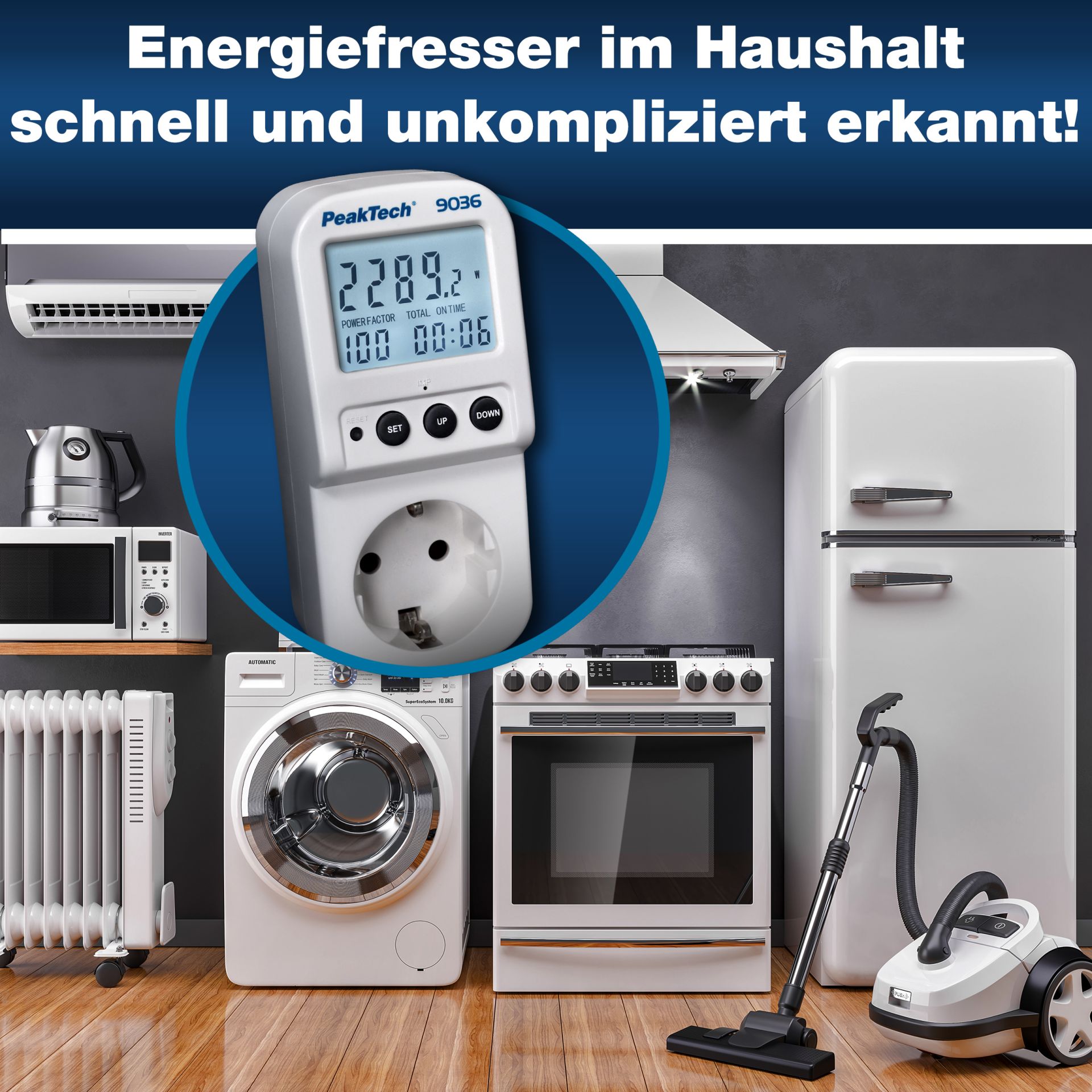 «PeakTech® P 9036» Energiekostenmessgerät 0,1W Auflösung mit beleuchteter LCD