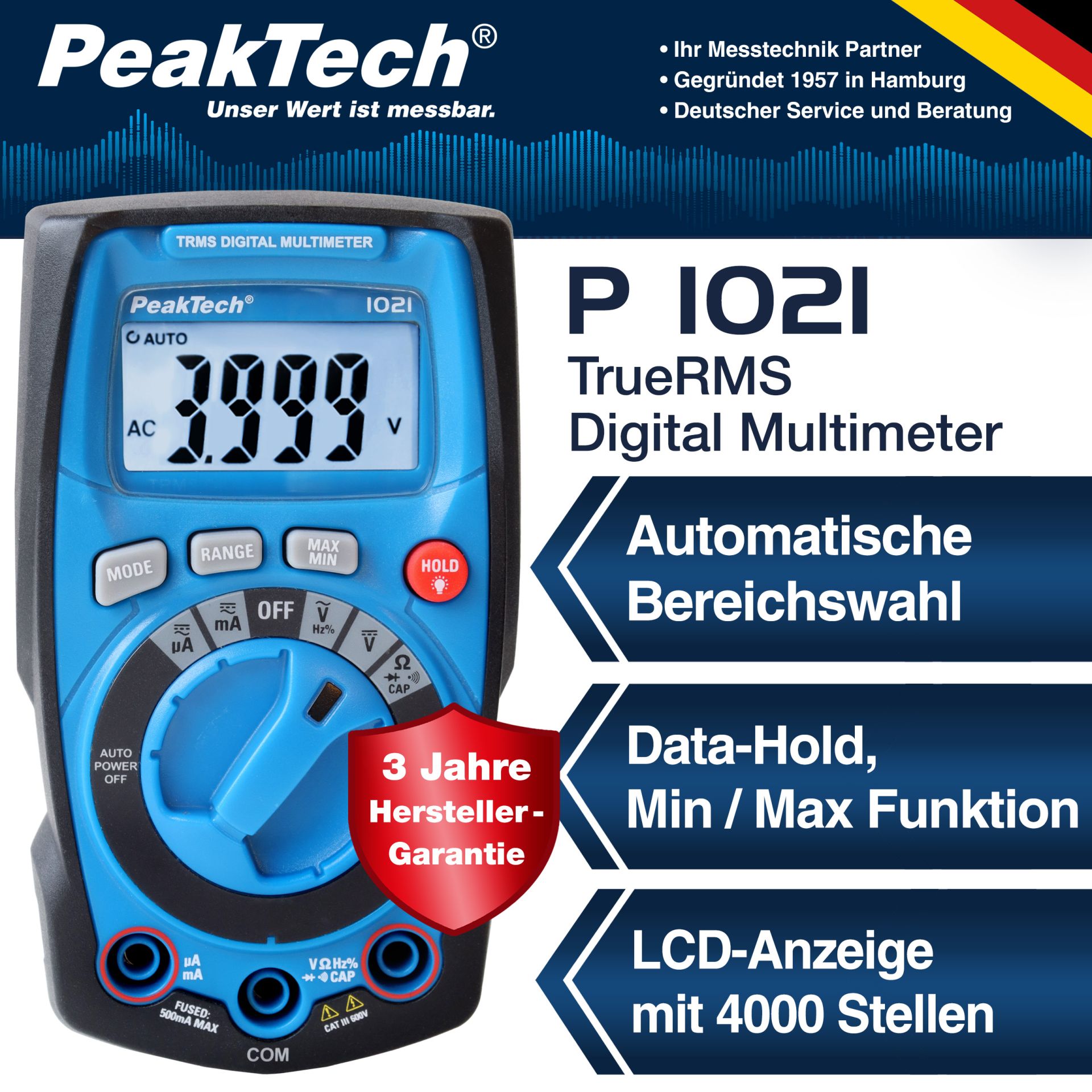PeakTech P 1021 TrueRMS Digital Multimeter 4000 Counts, Auto.Range 