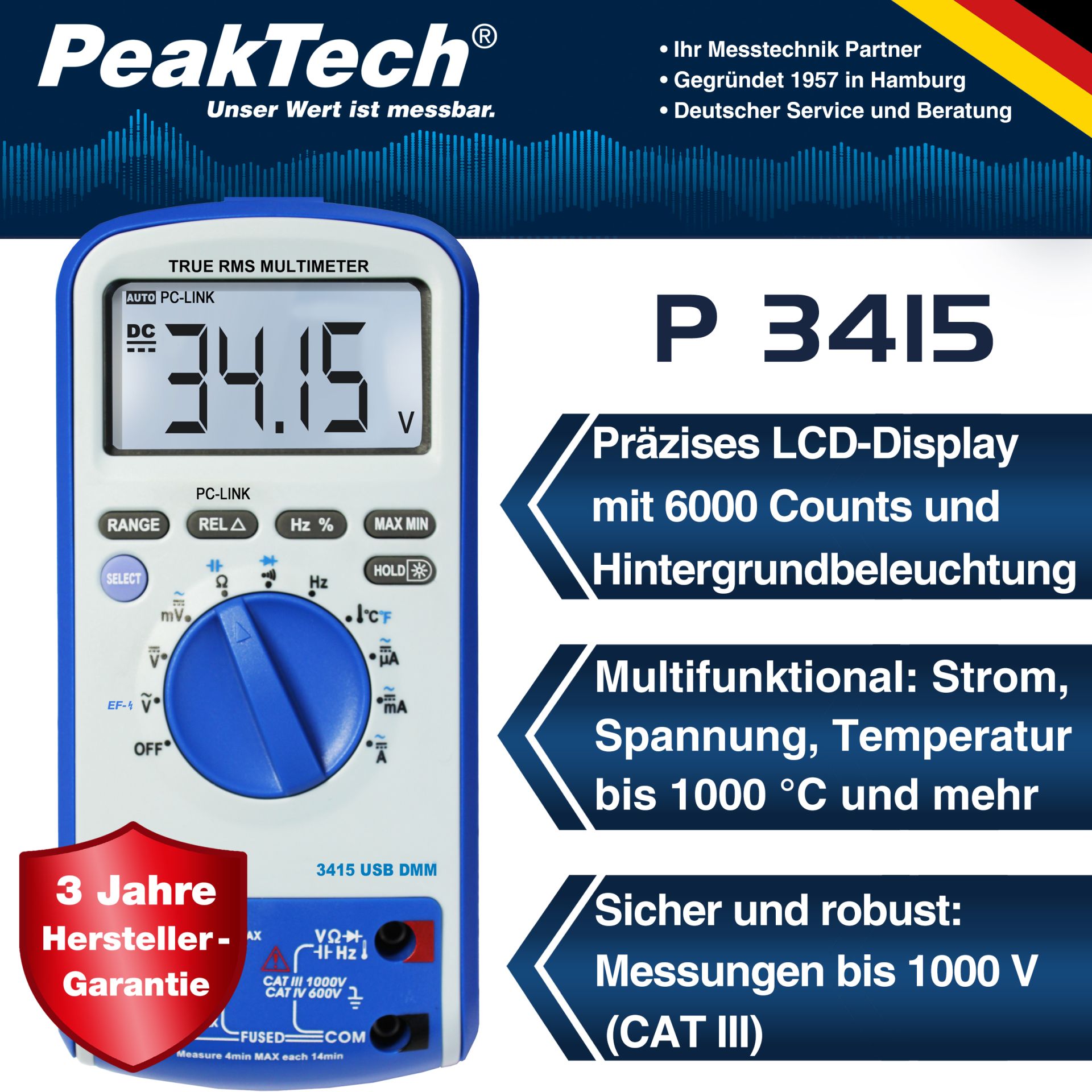 PeakTech P 3415 Digitalmultimeter, 6.000 Counts, TrueRMS & USB 
