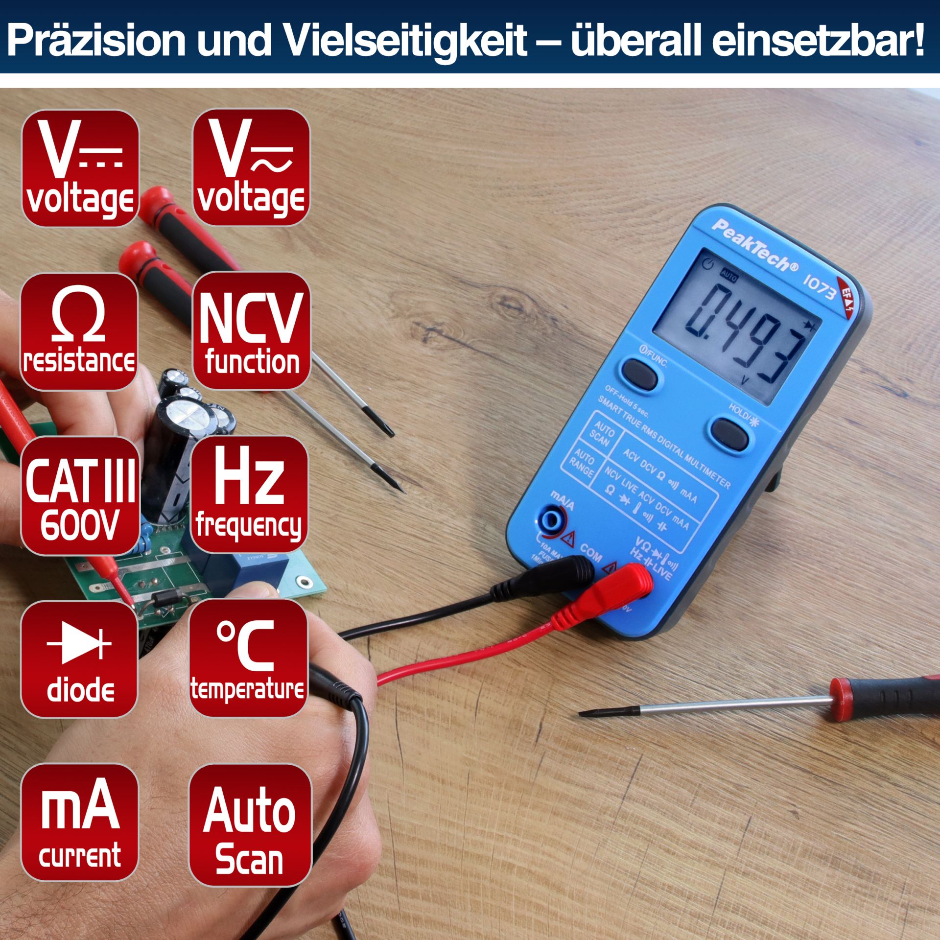 PeakTech P 1073 600V AC/DC Smart-Multimeter mit NCV und Live-Test 