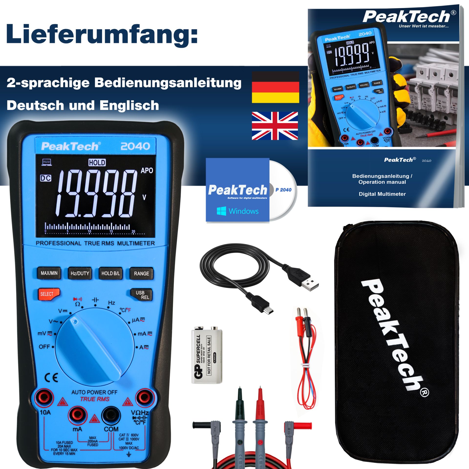 PeakTech P 2040 True RMS 1000V Digitalmultimeter 20000 Counts, USB 