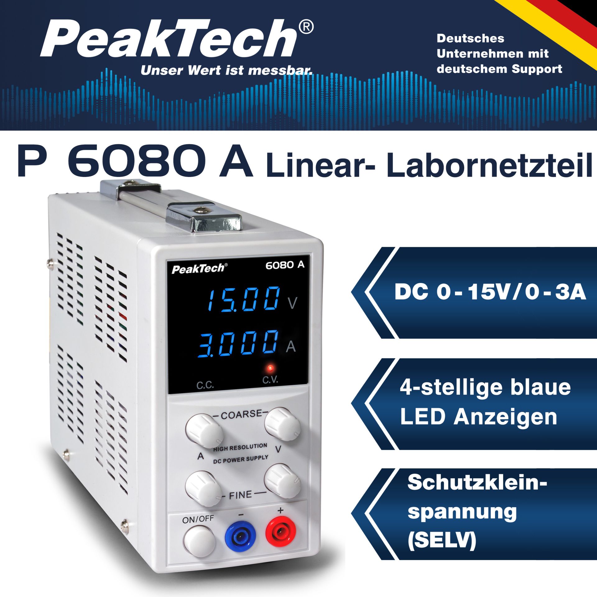 PeakTech P 6080 A Lineares Digital Labornetzgerät, 0-15 V/0-3 A DC 