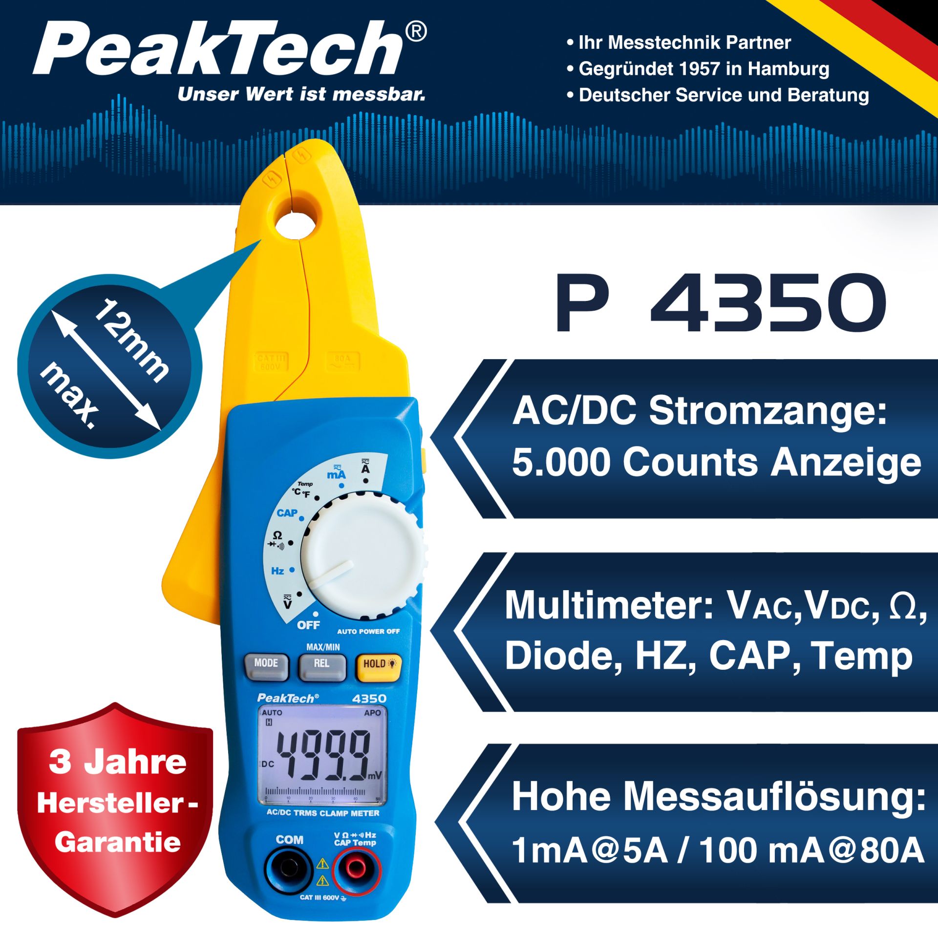 PeakTech P 4350 True RMS Stromzange 4.000 Counts 80 A AC/DC, 600 V