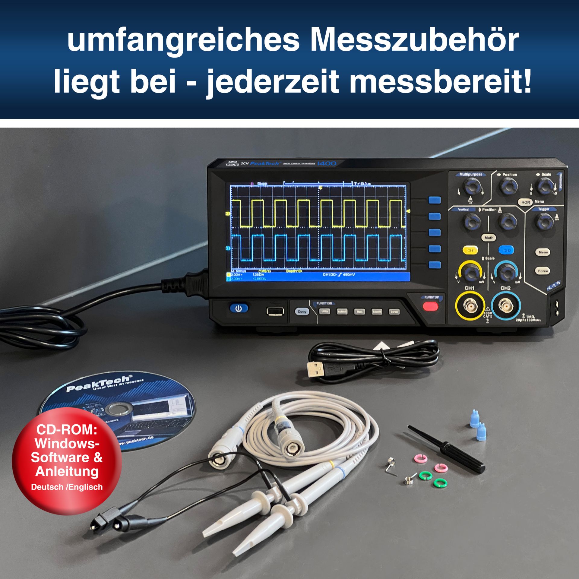 PeakTech P 1402 20 MHz / 2 CH, 250 MS/s Digitalspeicheroszilloskop