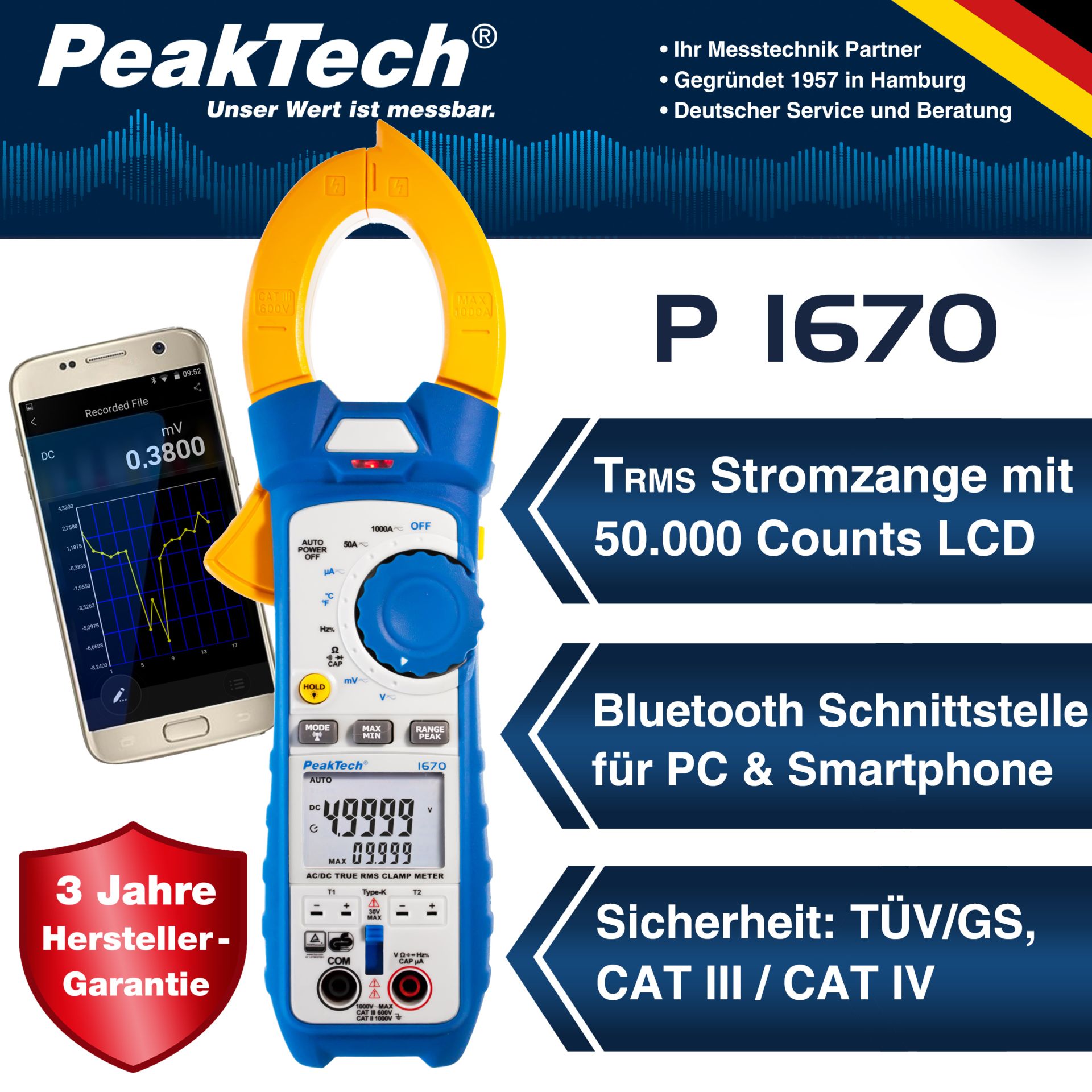 PeakTech P 1670 TrueRMS Stromzange 50.000 Counts 1000 A AC/DC, BT