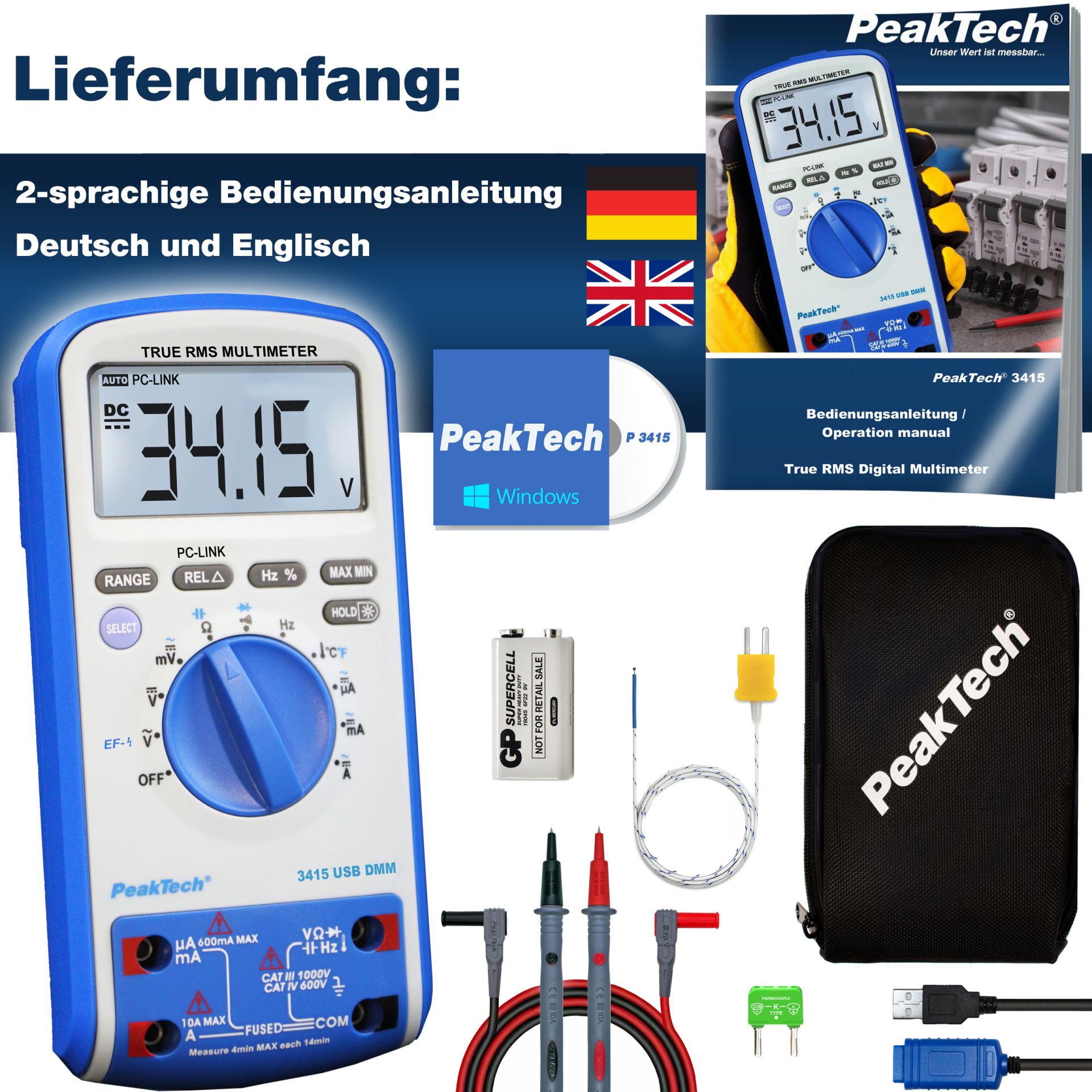 PeakTech P 3415 Digitalmultimeter, 6.000 Counts, TrueRMS & USB 