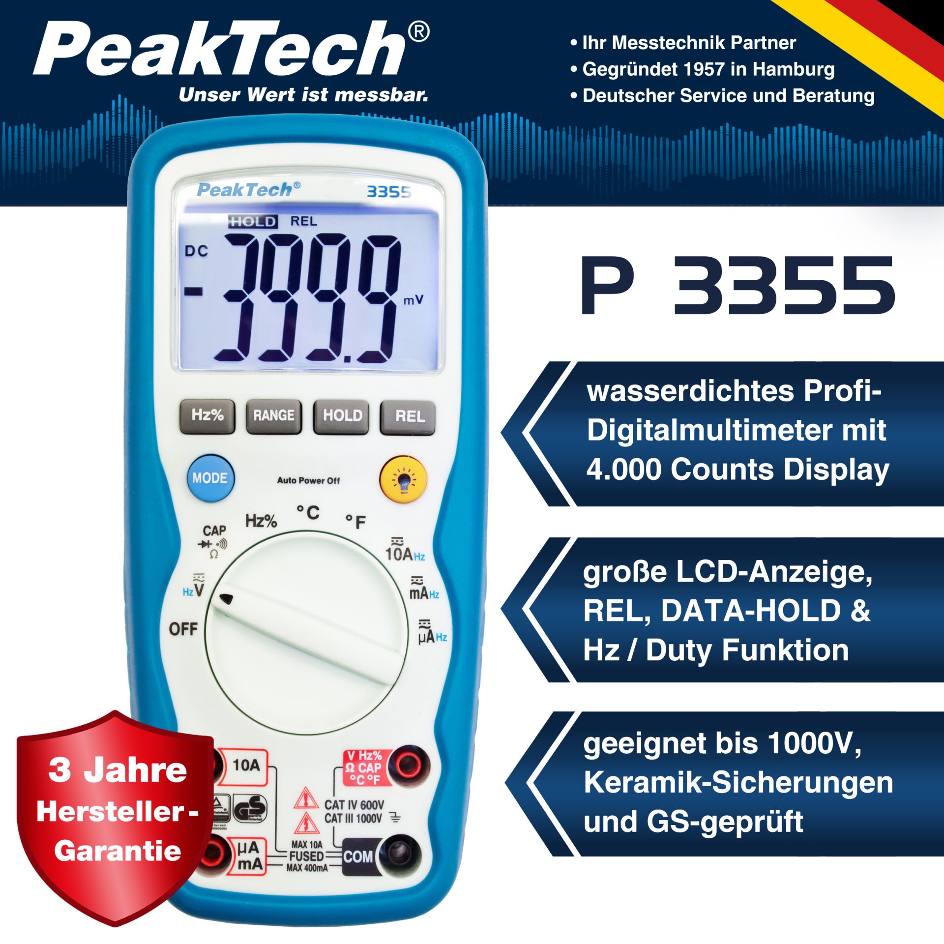 PeakTech P 3355 Digitalmultimeter, 4.000 Counts, IP67 
