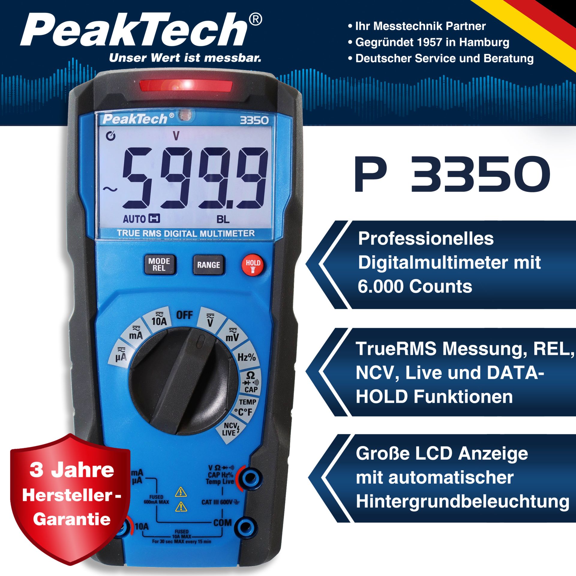 PeakTech P 3350 TrueRMS Digitalmultimeter 6.000 Counts, Auto Range 