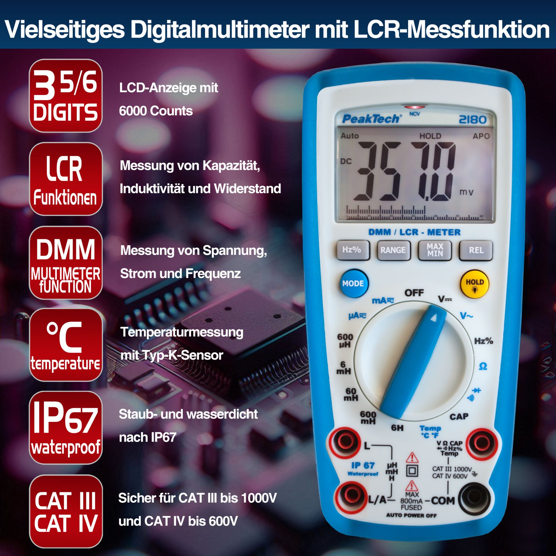 PeakTech P 2180 Digitalmultimeter mit LCR-Meter, 6.000 Counts 