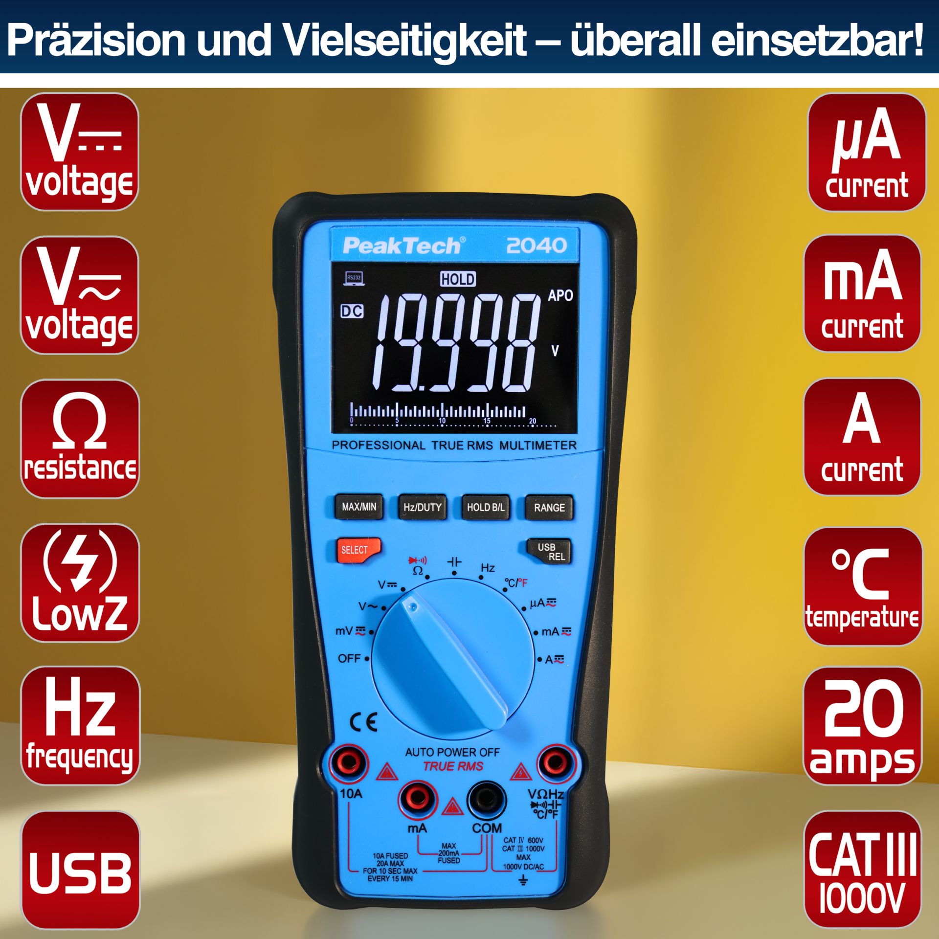 PeakTech P 2040 True RMS 1000V Digitalmultimeter 20000 Counts, USB 