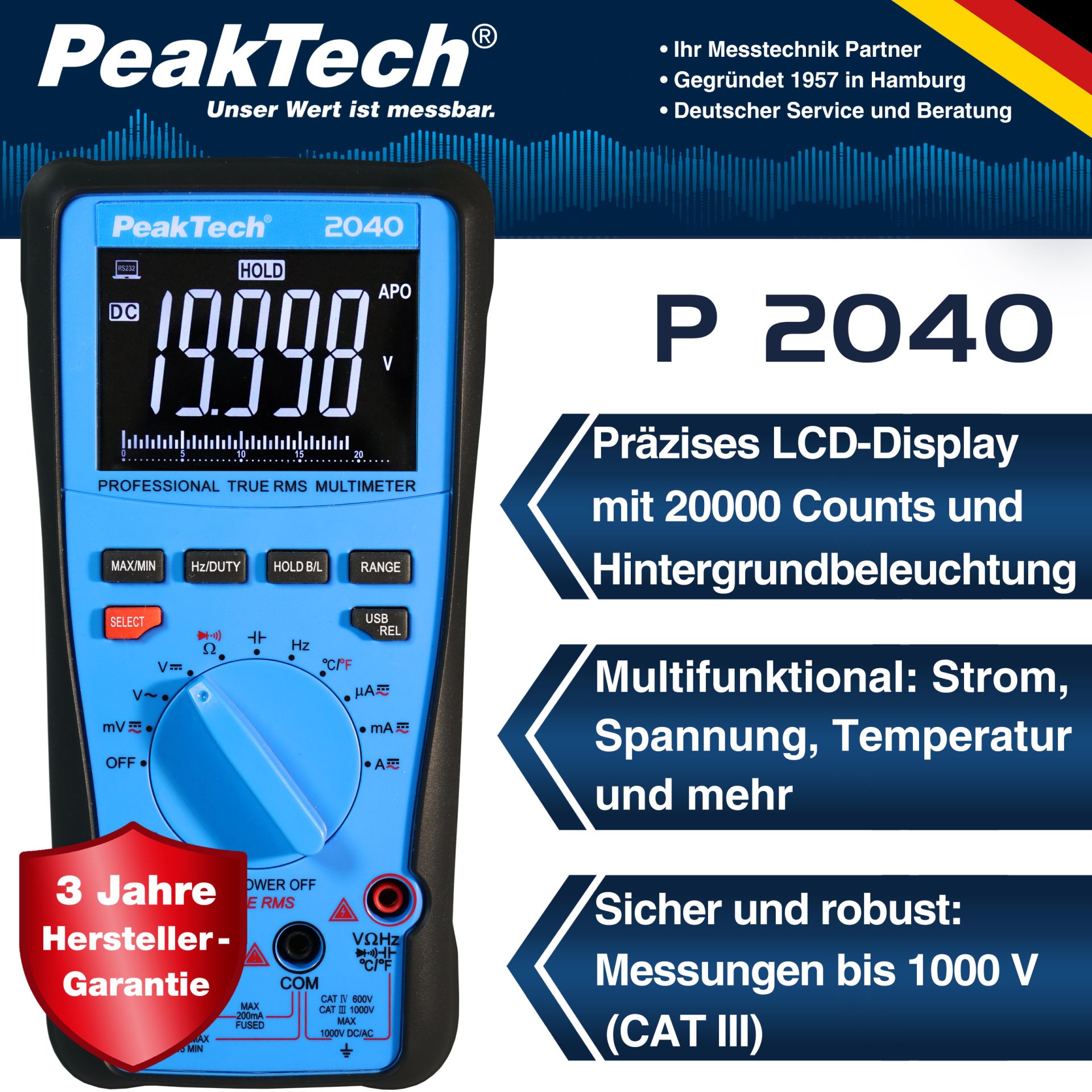 PeakTech P 2040 True RMS 1000V Digitalmultimeter 20000 Counts, USB 