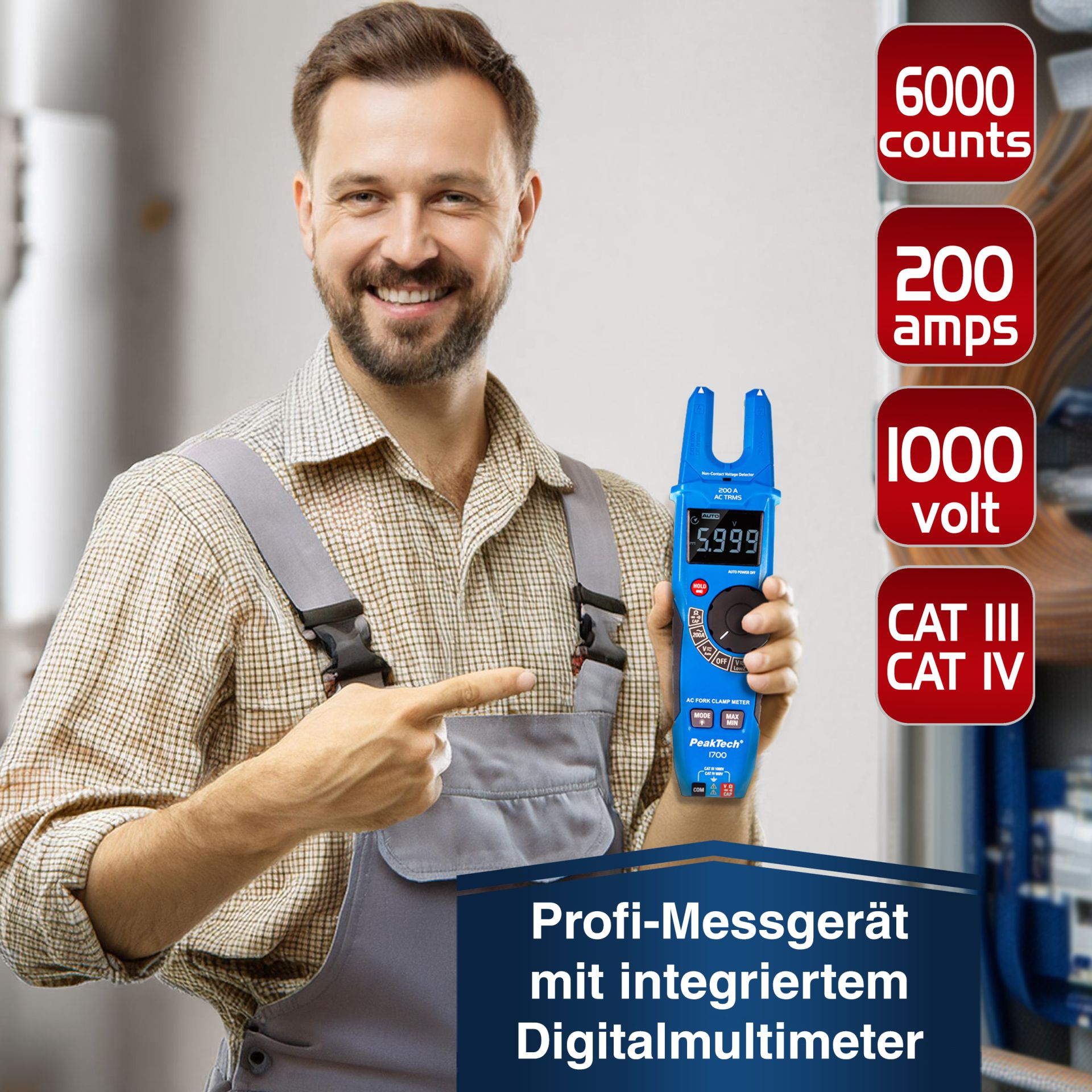 PeakTech® P 1700» TRMS Gabelstromzange, 6.000 Counts, 200A AC, 1000V