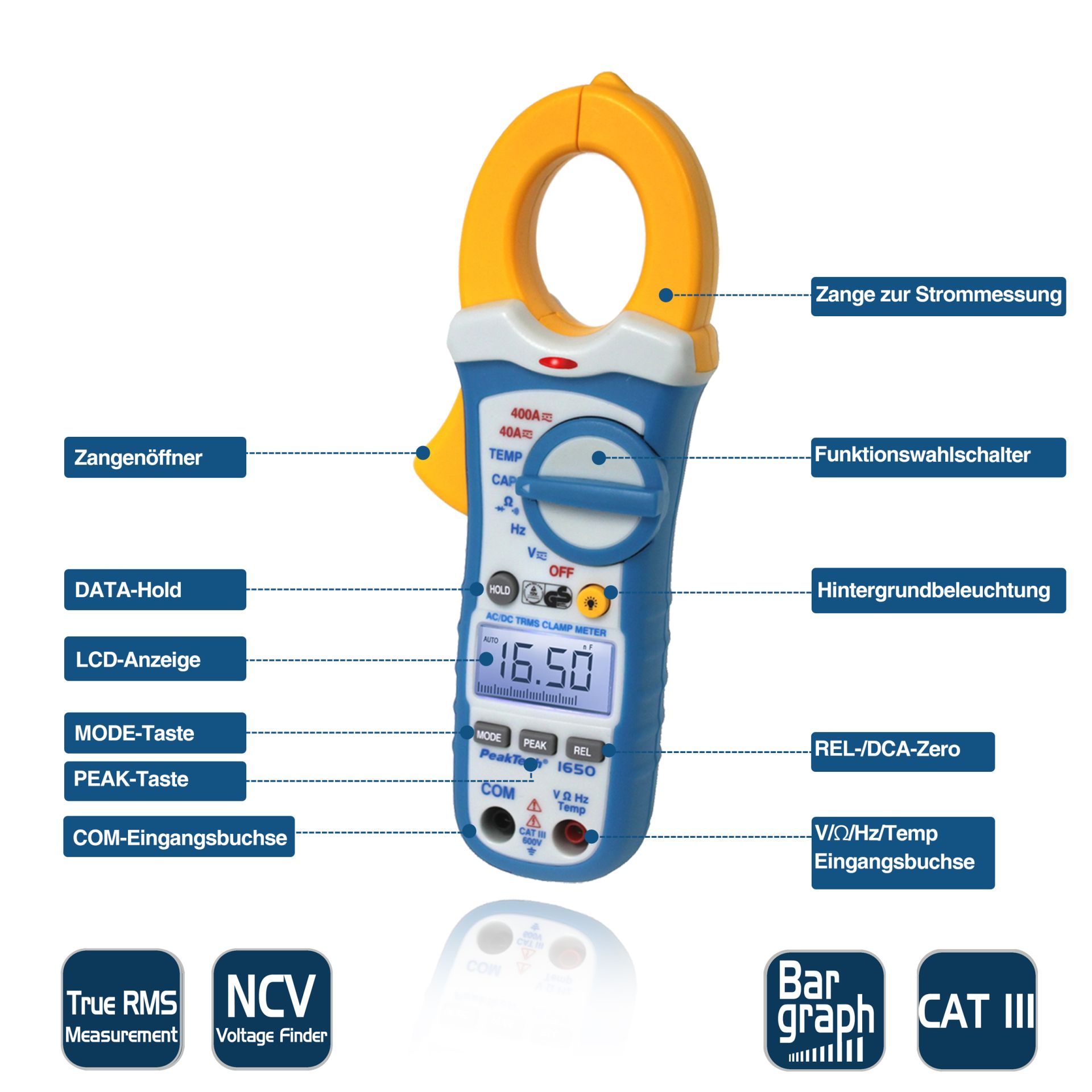 PeakTech P 1650 TrueRMS Stromzange 4.000 Counts 400 A AC/DC