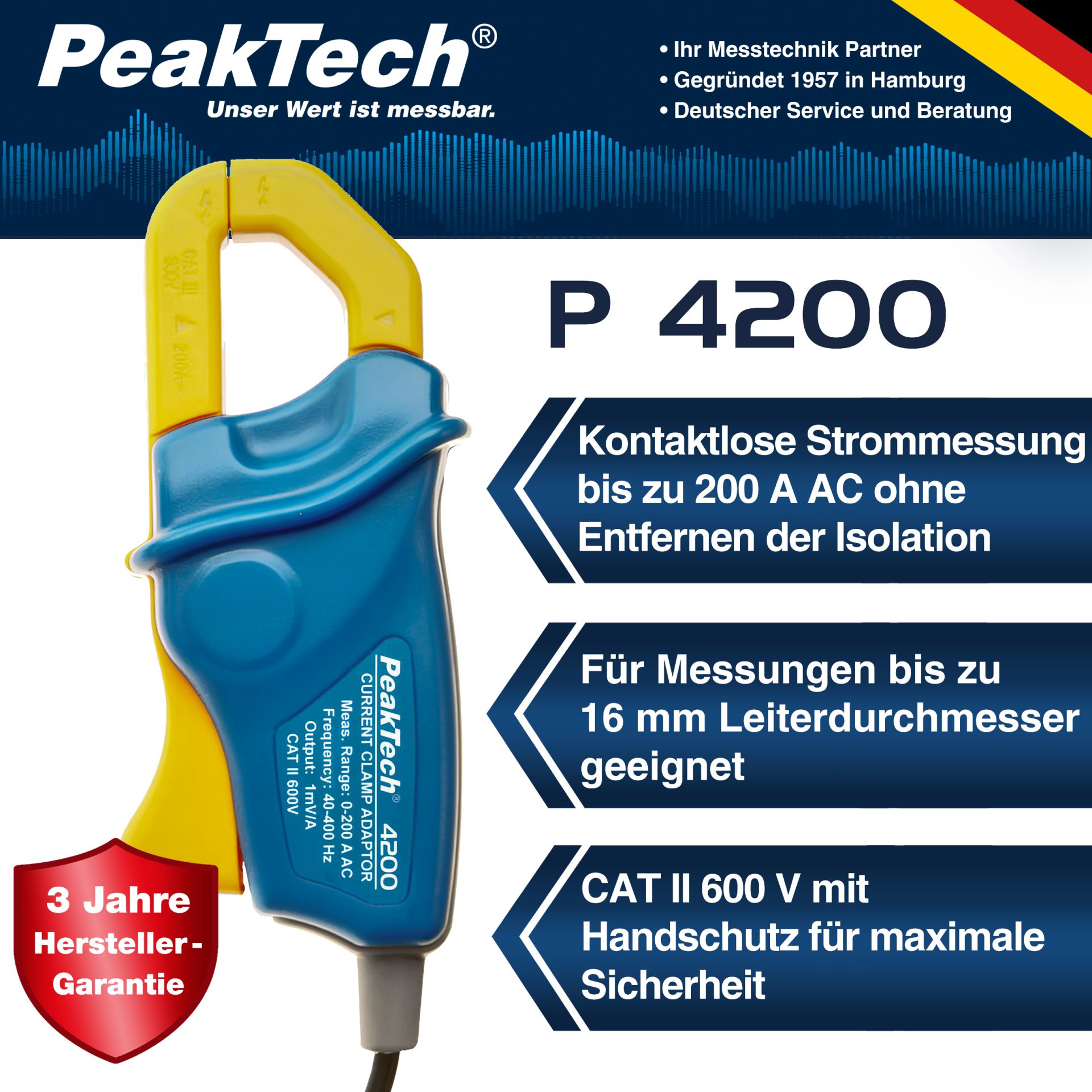 PeakTech P 4200 Stromzangenadapter 200A AC mit 4mm Stecker 