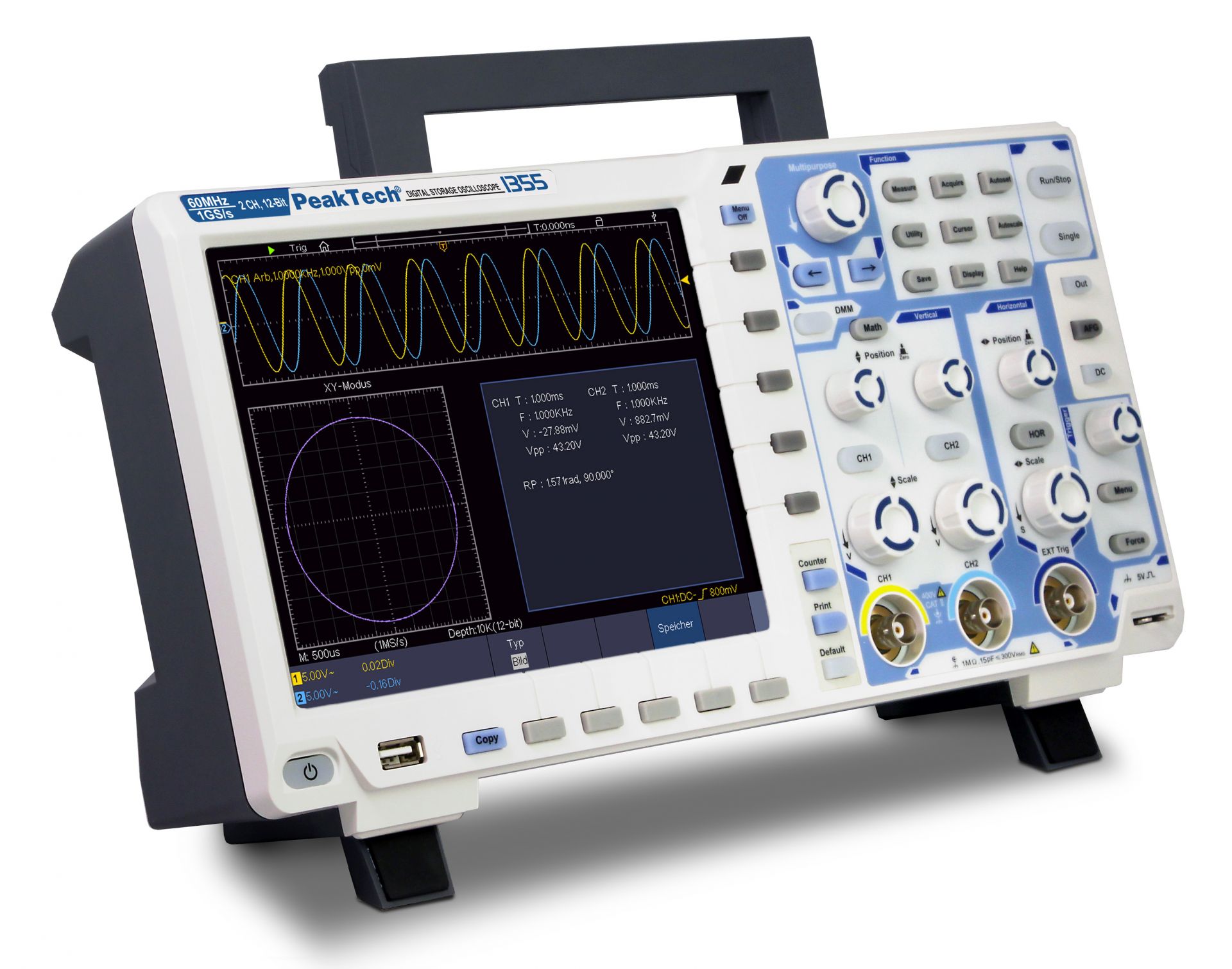 PeakTech P 1355 60 MHz / 2 CH, 1 GS/s Touchscreen-Oszilloskop