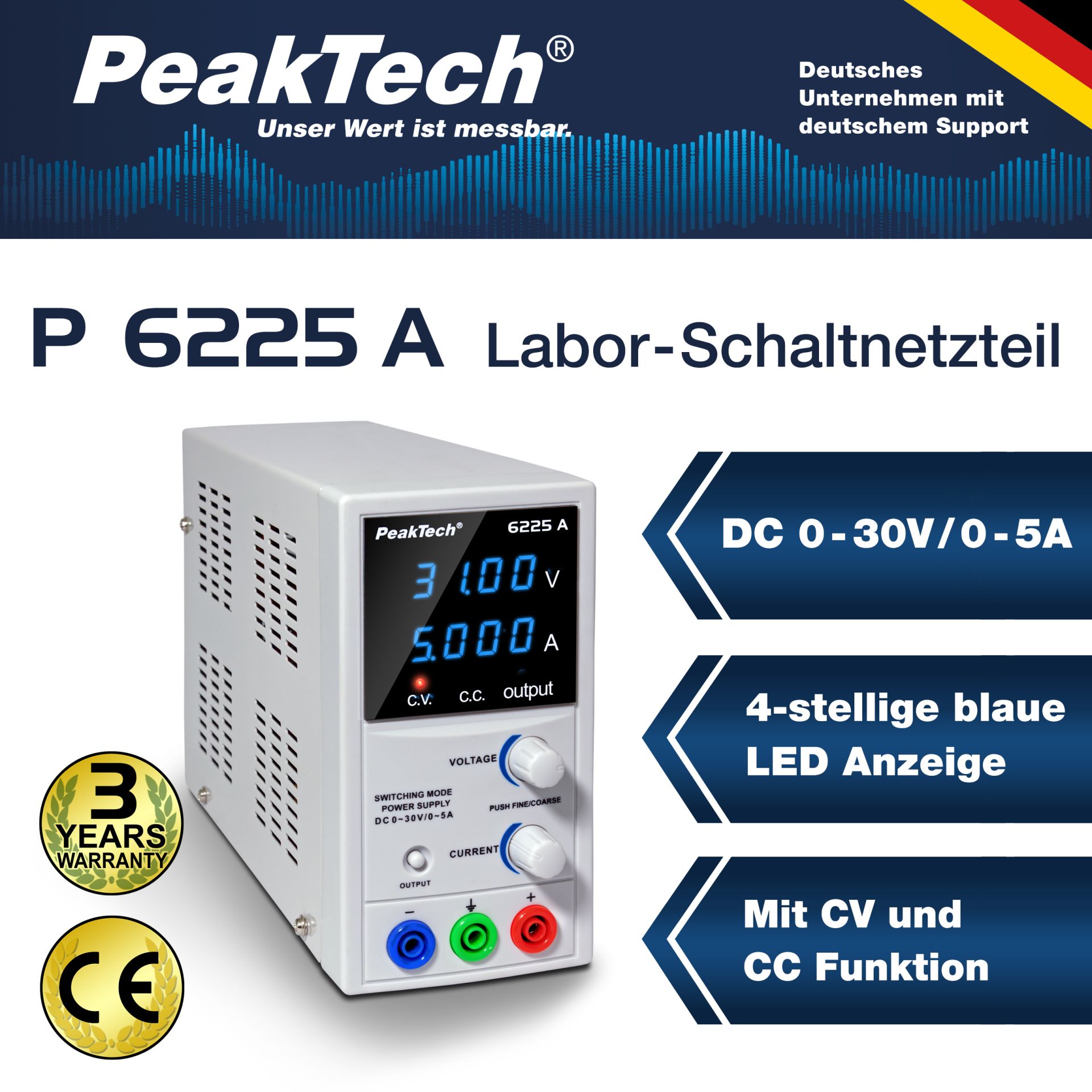 PeakTech P 6225 A Labor-Schaltnetzteil DC 0 - 30 V/0 - 5 A 