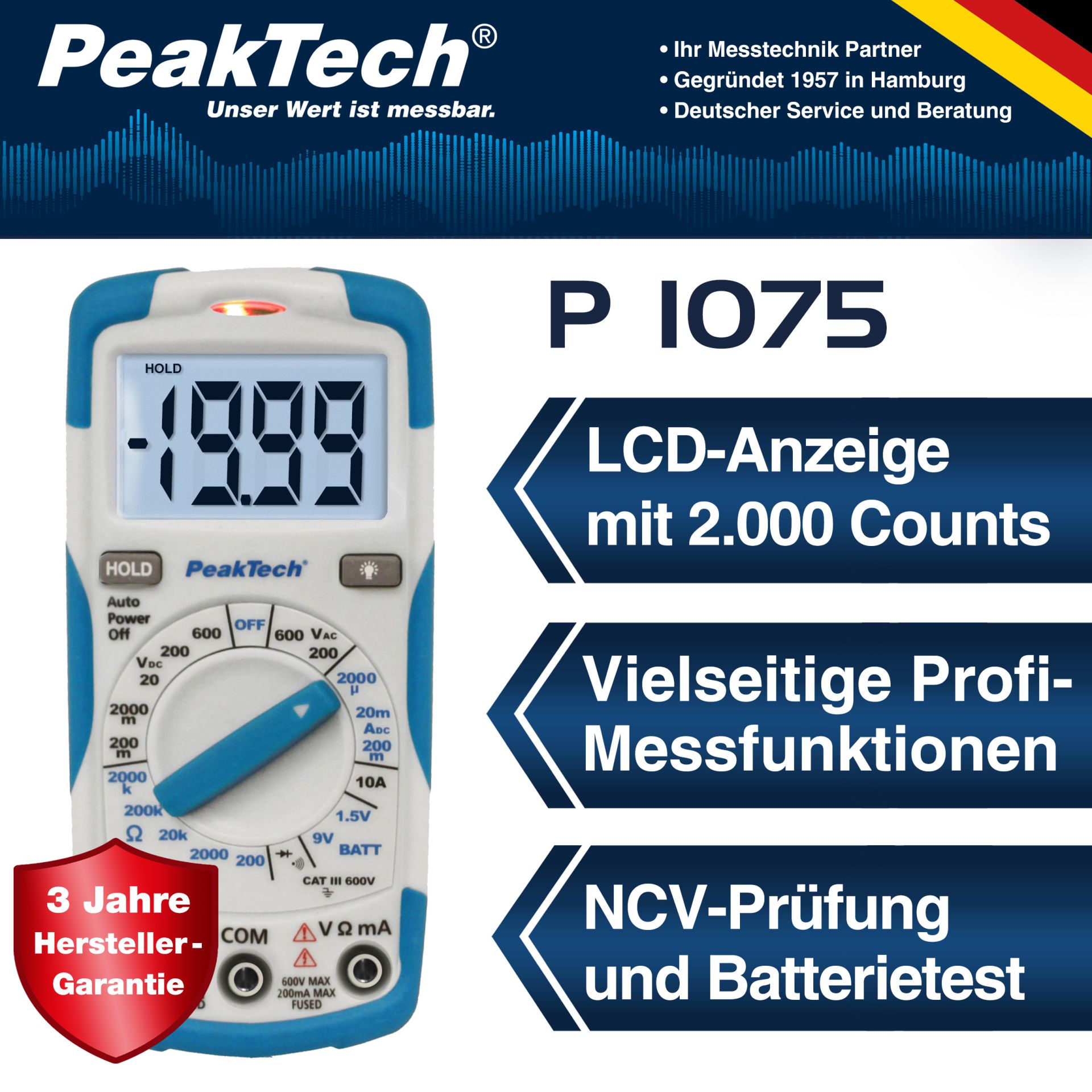 PeakTech P 1075 600V AC/DC Digitalmultimeter ~ 2000 stellige LCD 