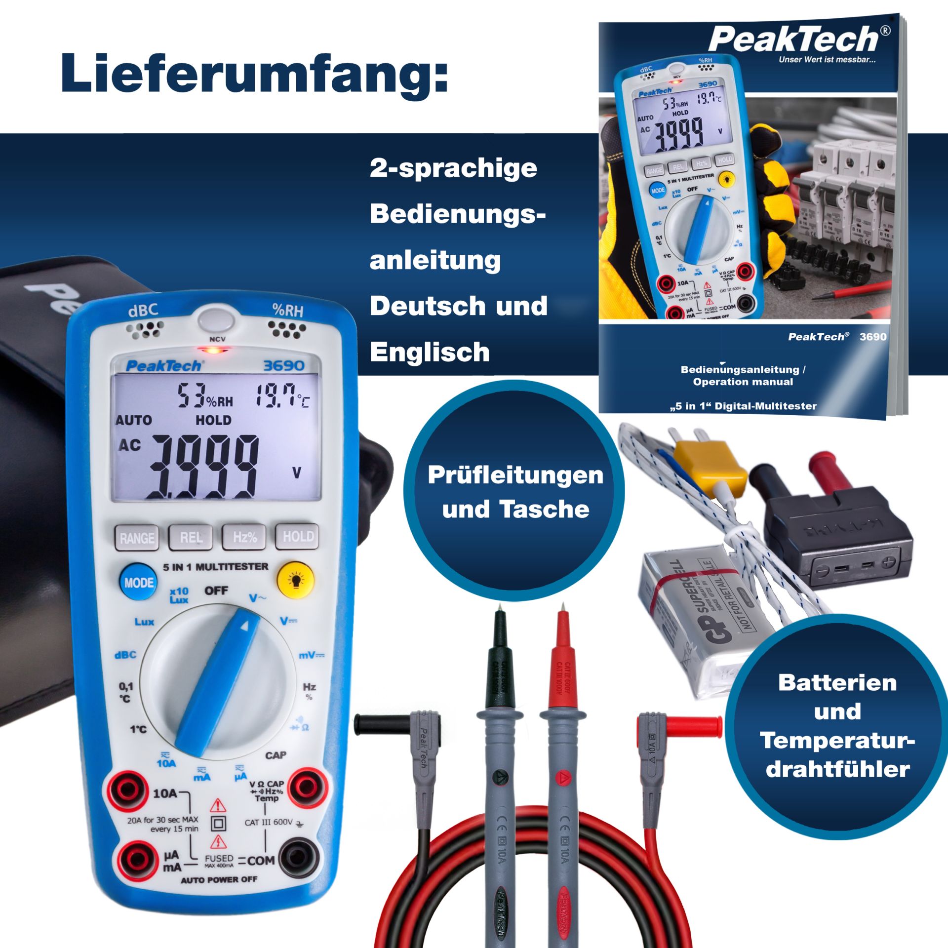 PeakTech P 3690 Multimeter, 4.000 Counts mit Umweltmessungen 