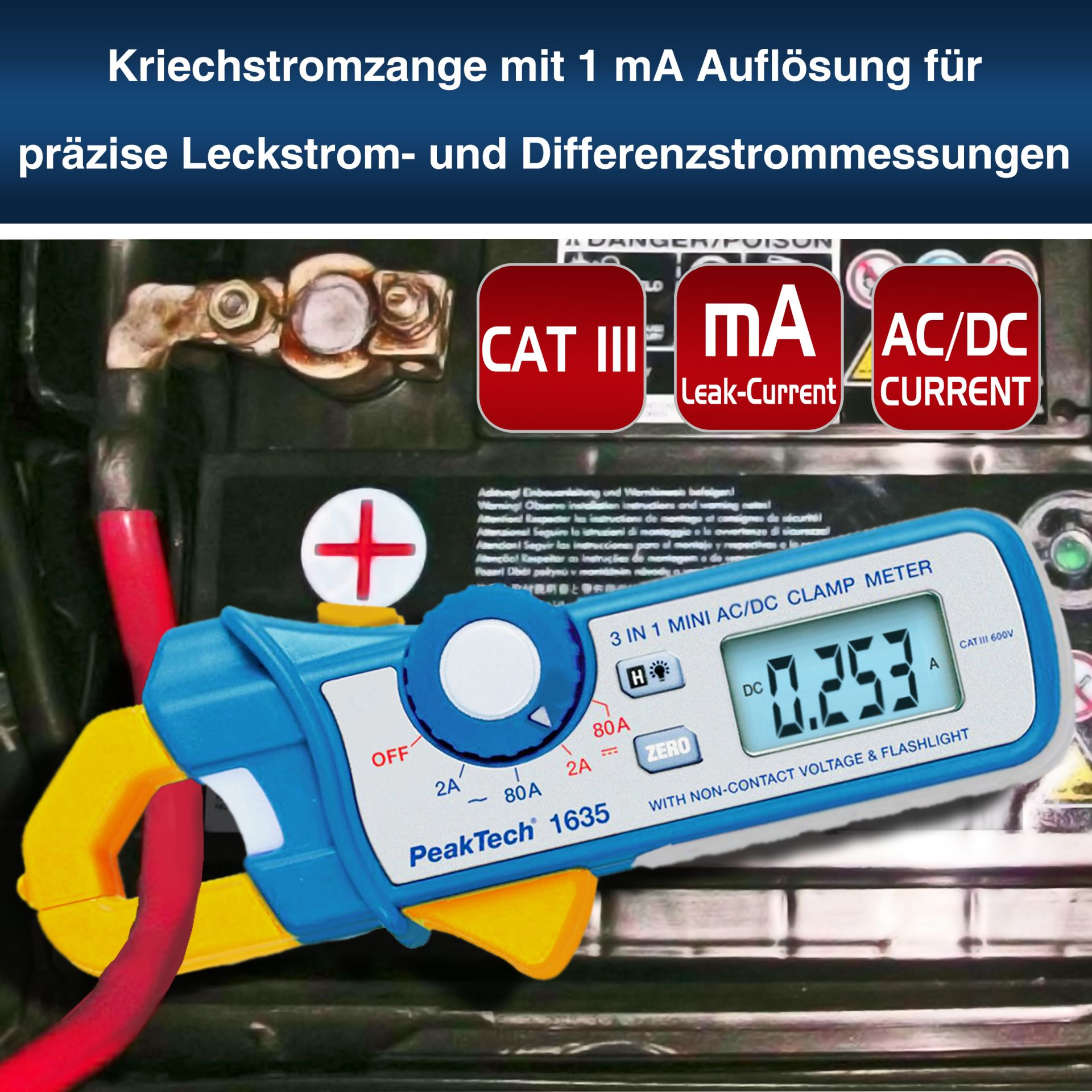 PeakTech P 1635 Kriechstromzange 2 / 80 A AC/DC mit 1mA Auflösung
