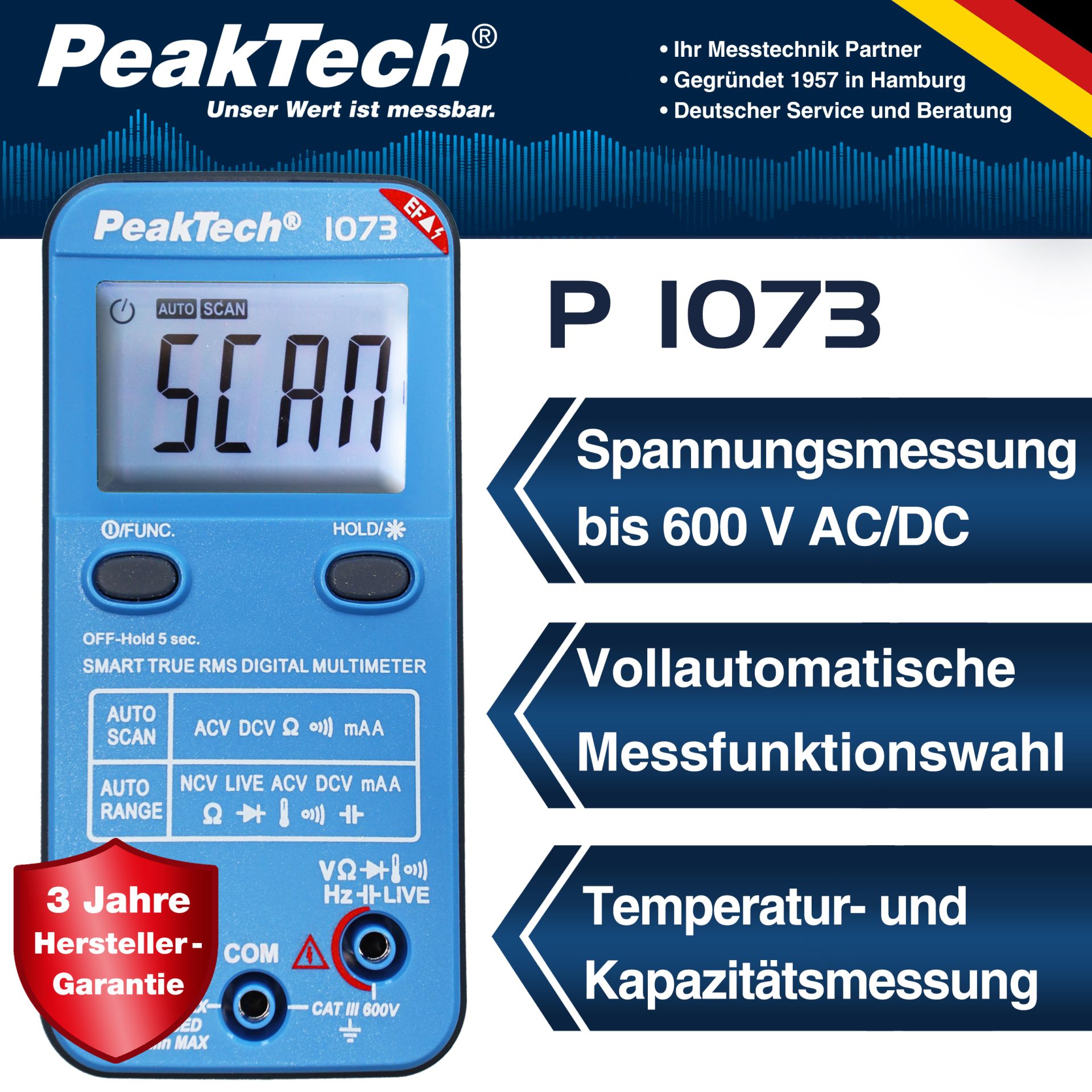 PeakTech P 1073 600V AC/DC Smart-Multimeter mit NCV und Live-Test 