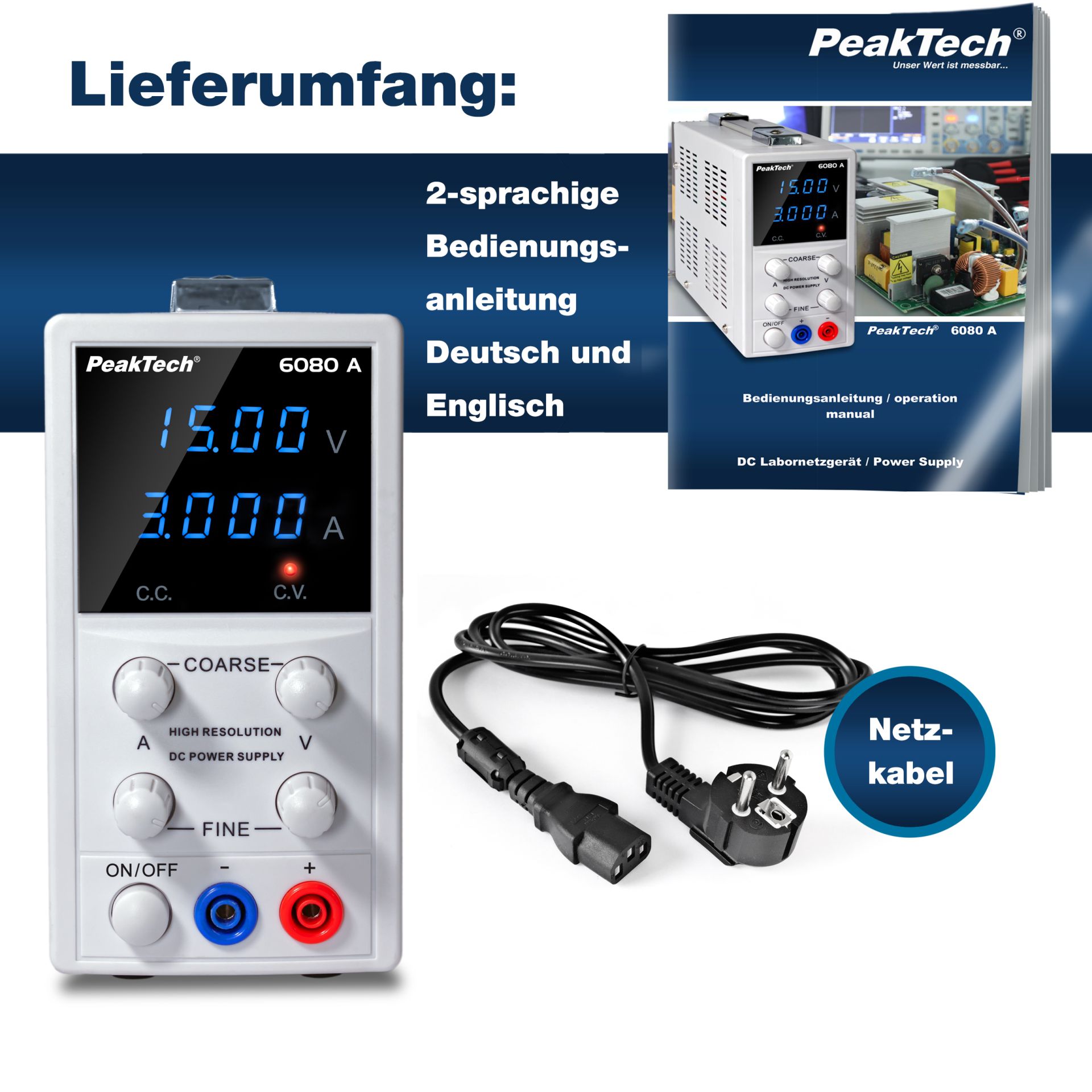 PeakTech P 6080 A Lineares Digital Labornetzgerät, 0-15 V/0-3 A DC 