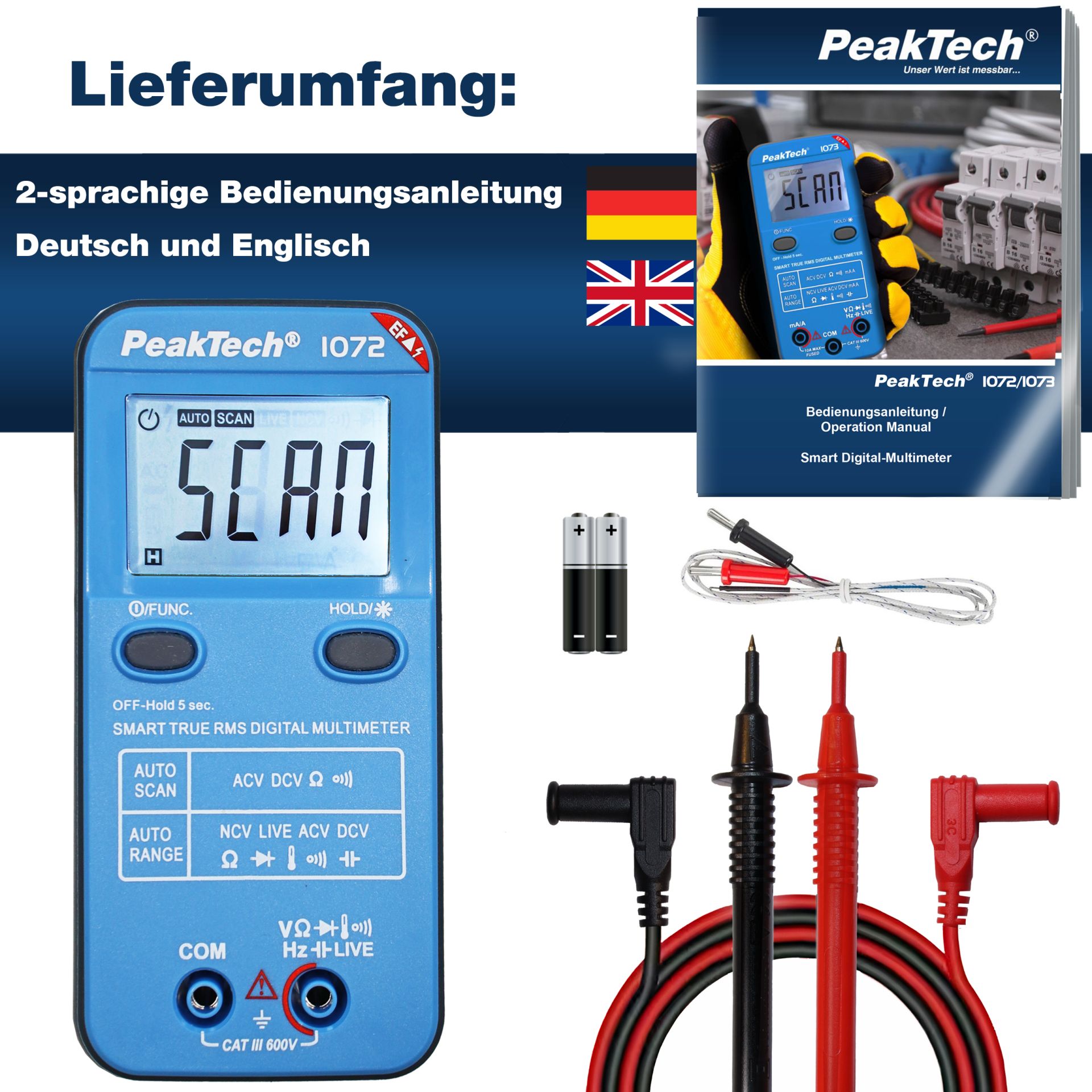 PeakTech P 1072 600V AC/DC Smart-Multimeter mit NCV und Live-Test 