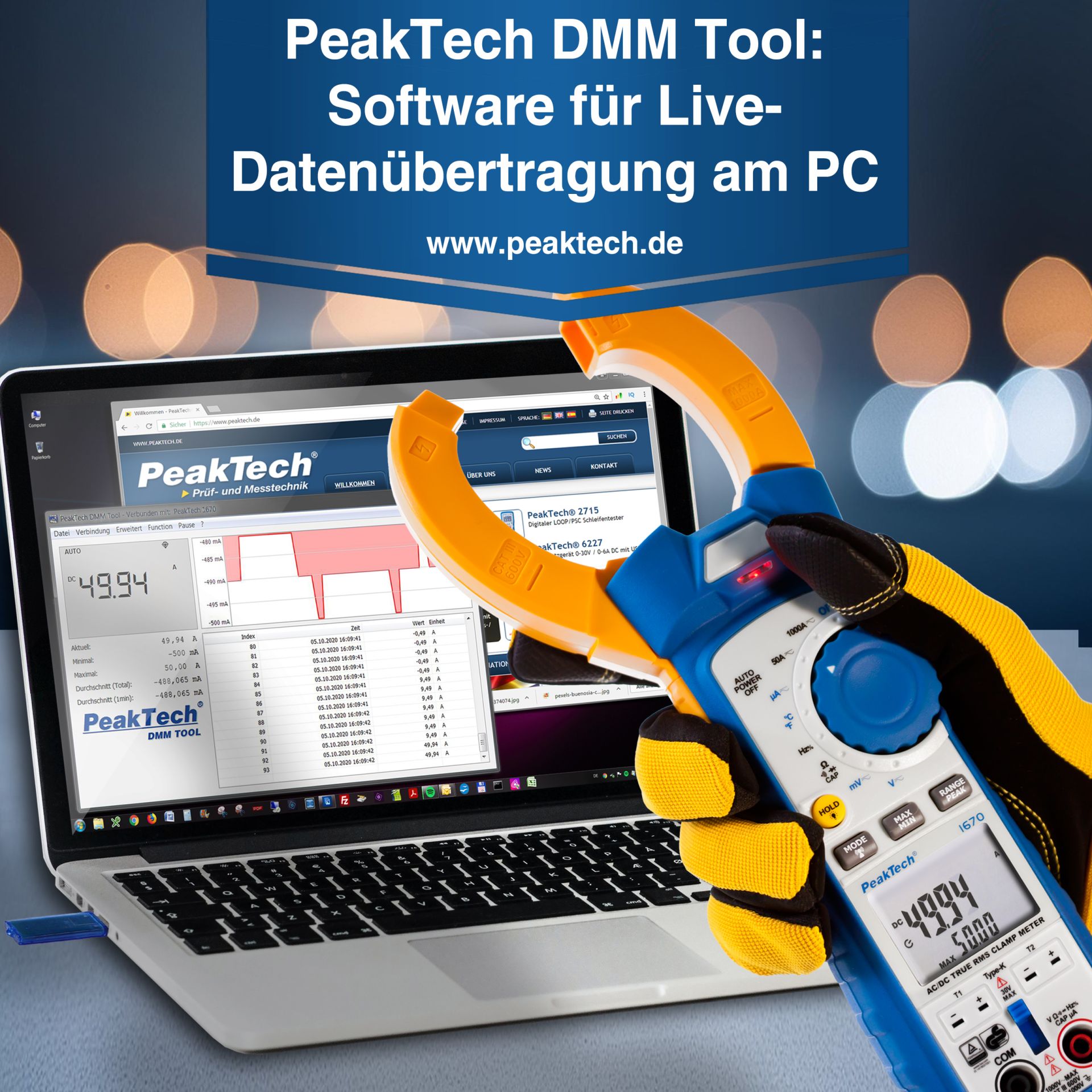 PeakTech P 1670 TrueRMS Stromzange 50.000 Counts 1000 A AC/DC, BT