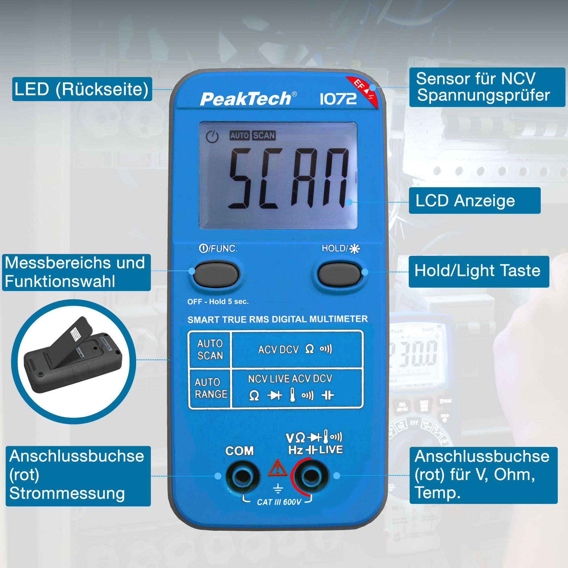 PeakTech P 1072 600V AC/DC Smart-Multimeter mit NCV und Live-Test 