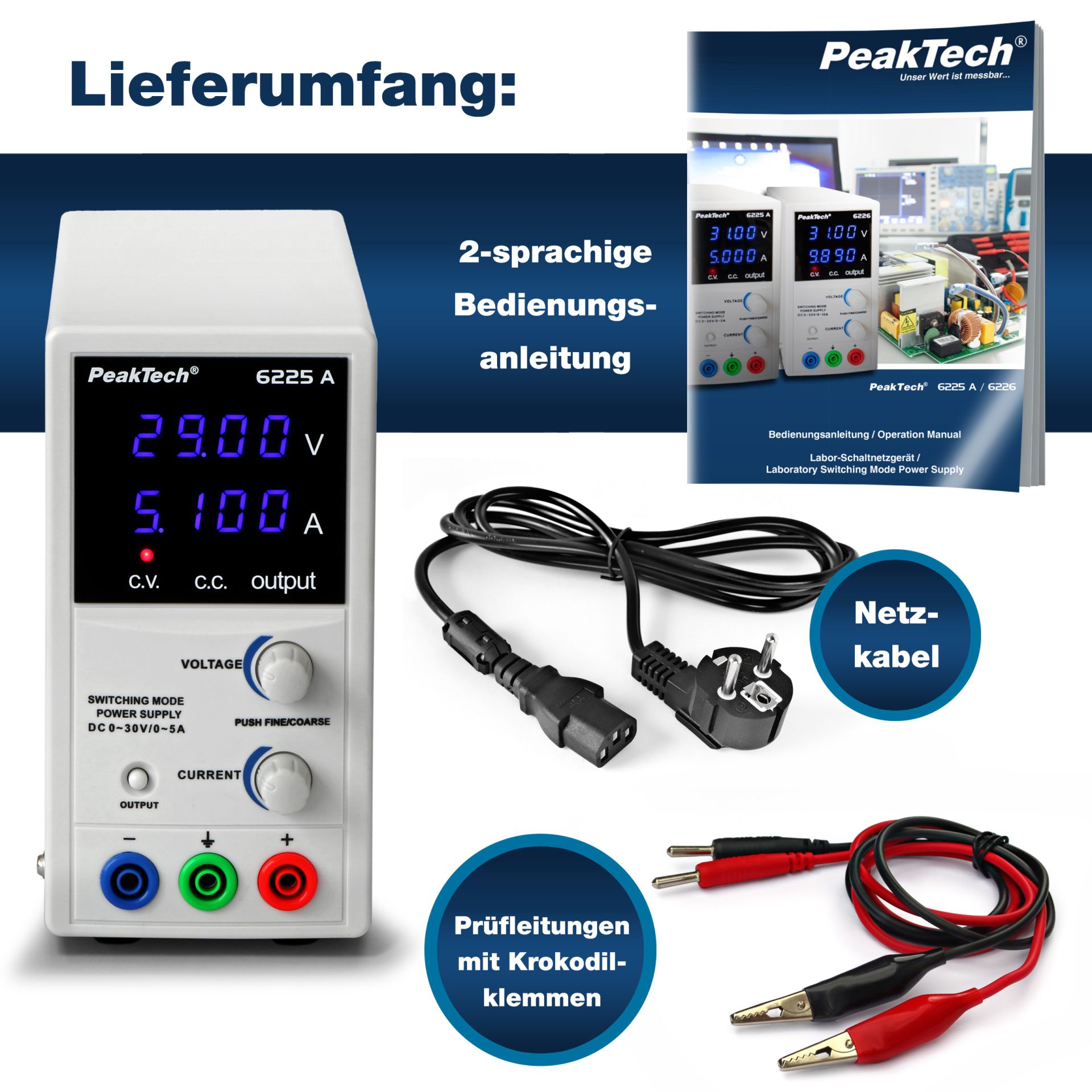 PeakTech P 6225 A Labor-Schaltnetzteil DC 0 - 30 V/0 - 5 A 
