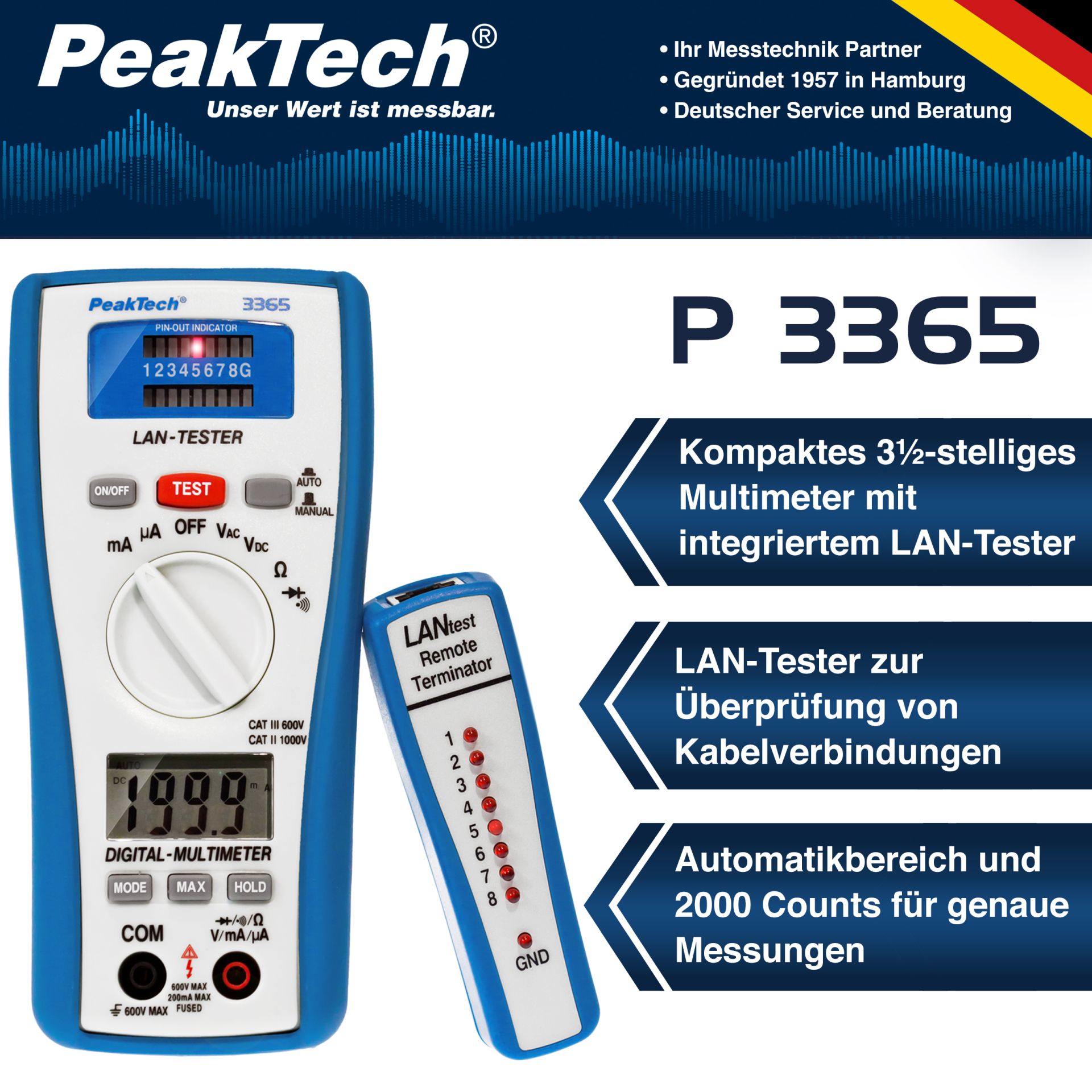 PeakTech P 3365 Digitalmultimeter, 2.000 Counts, mit LAN - Tester 